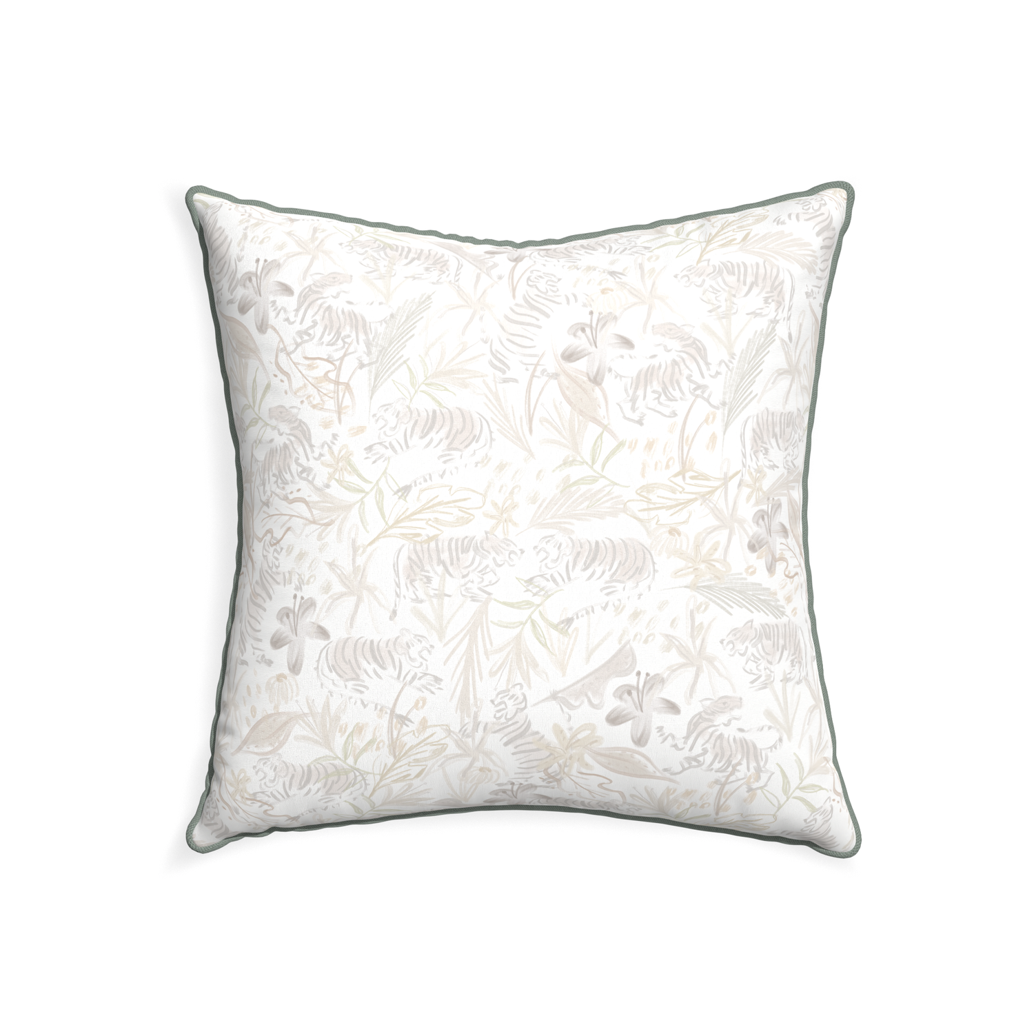 22-square frida sand custom beige chinoiserie tigerpillow with sage piping on white background