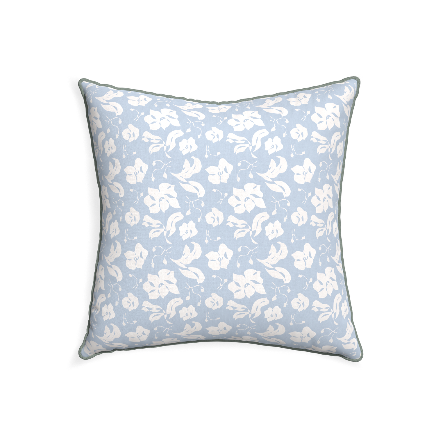 22-square georgia custom cornflower blue floralpillow with sage piping on white background