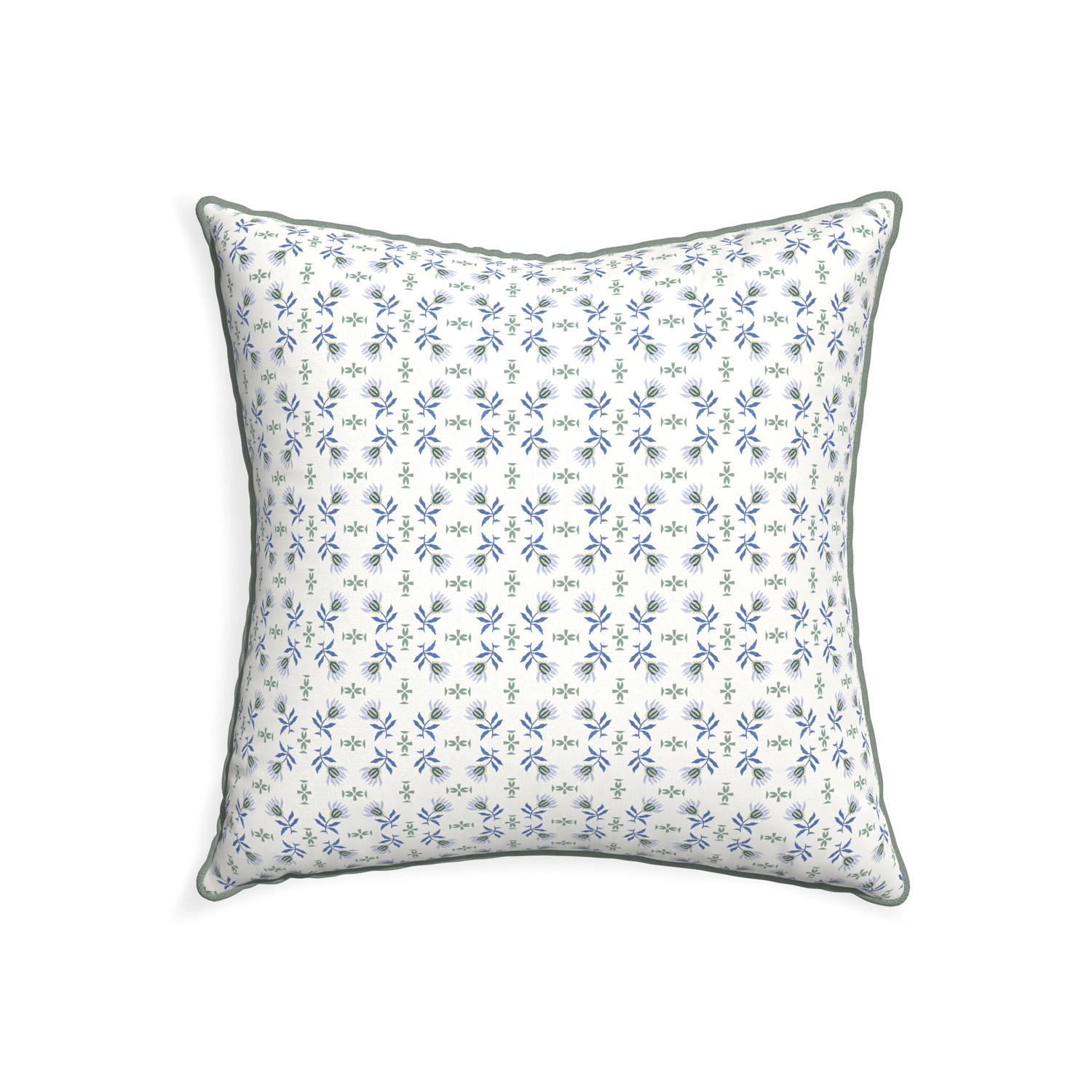 22-square lee custom blue & green floralpillow with sage piping on white background