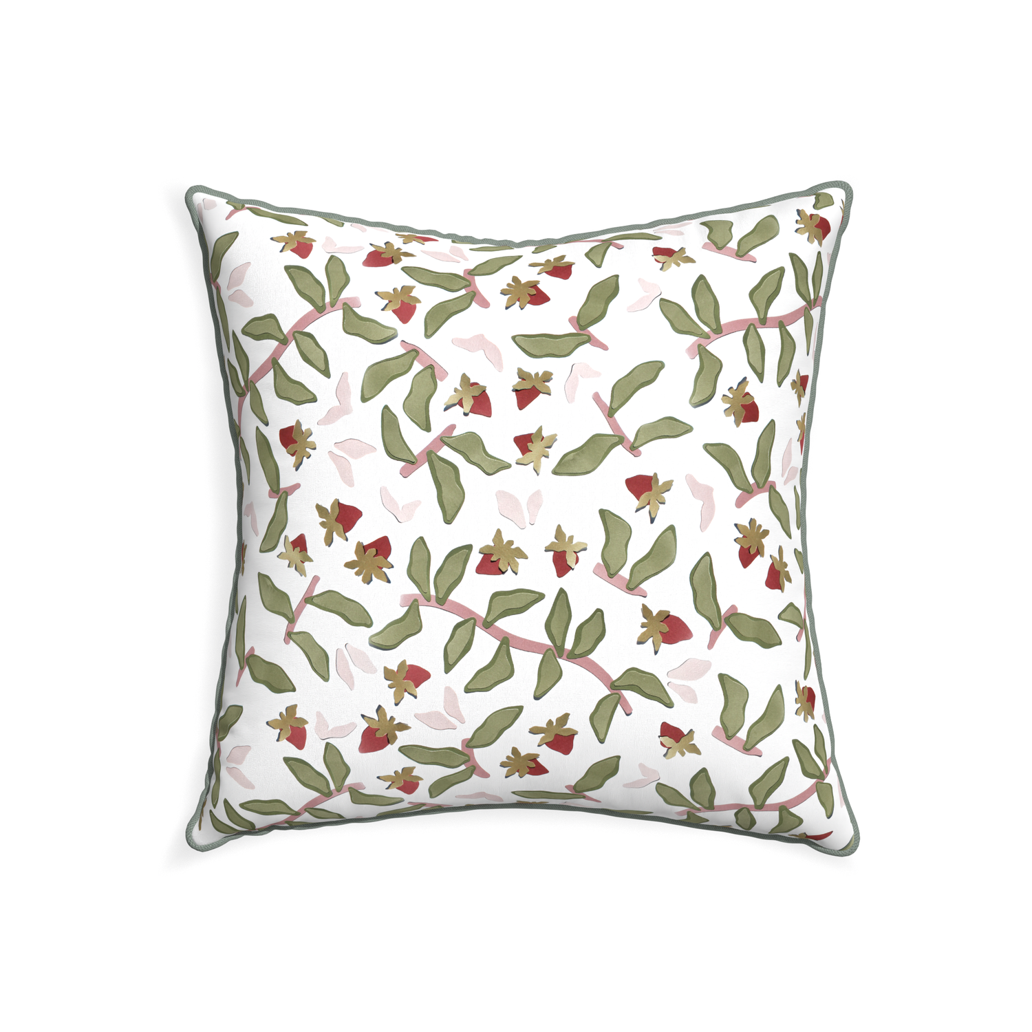 22-square nellie custom strawberry & botanicalpillow with sage piping on white background