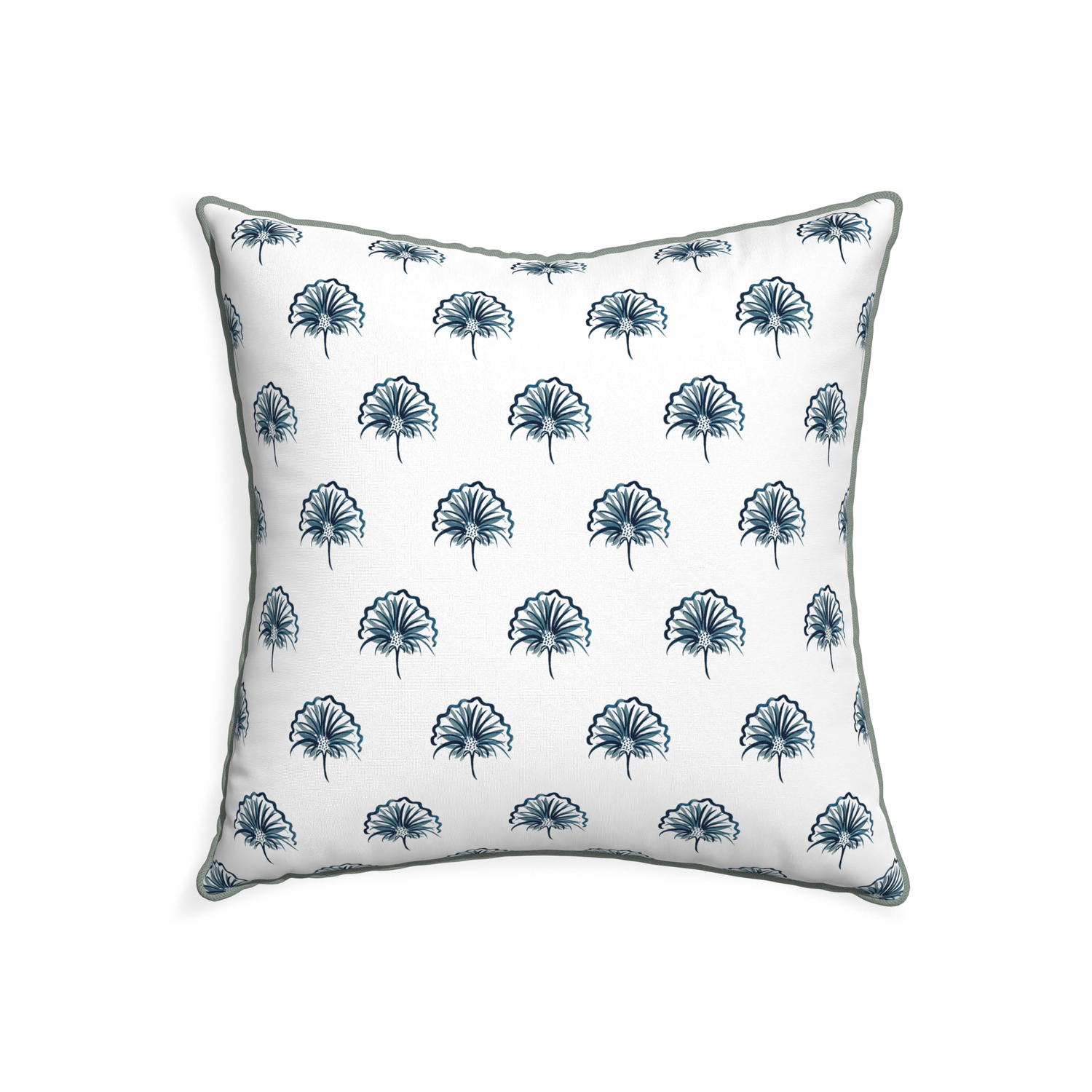 22-square penelope midnight custom floral navypillow with sage piping on white background