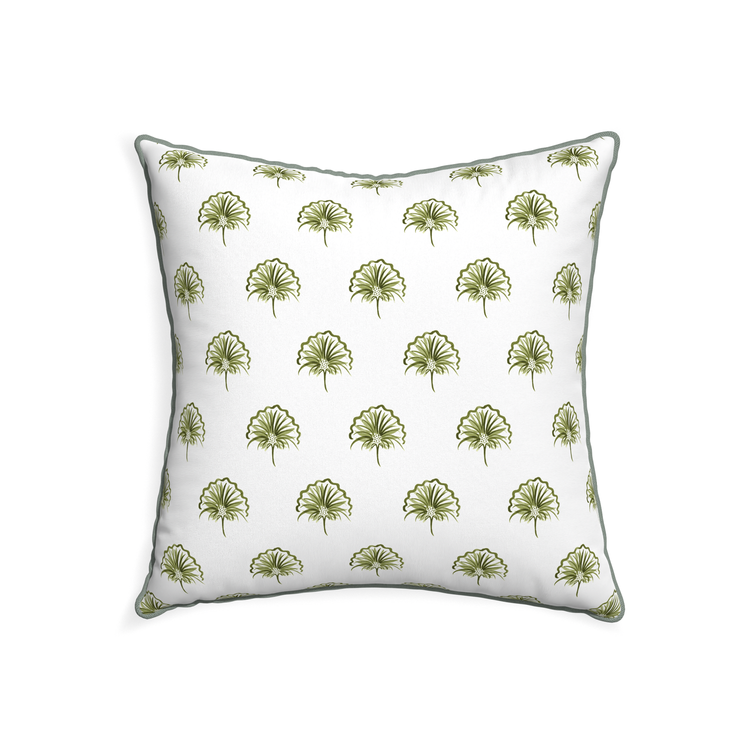 22-square penelope moss custom green floralpillow with sage piping on white background