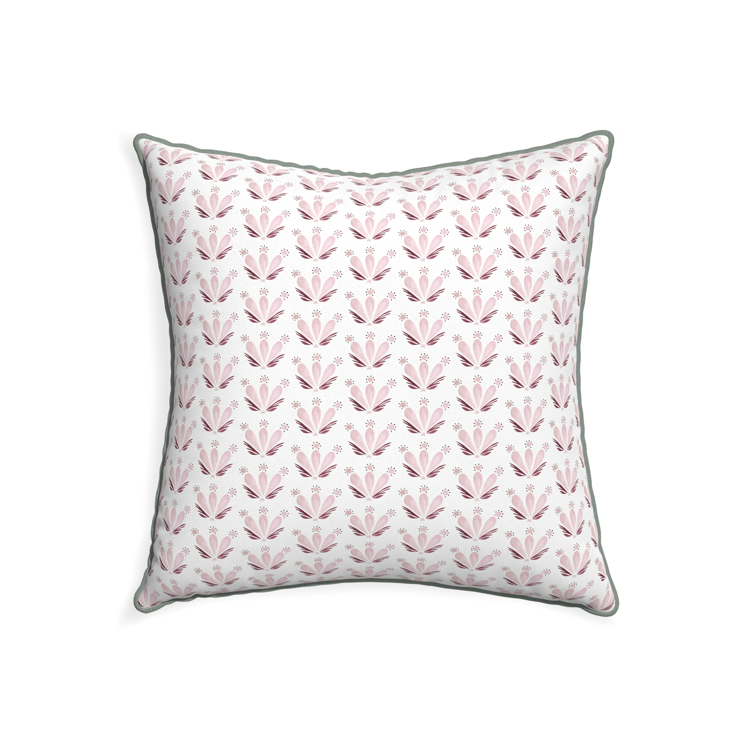 22-square serena pink custom pink & burgundy drop repeat floralpillow with sage piping on white background