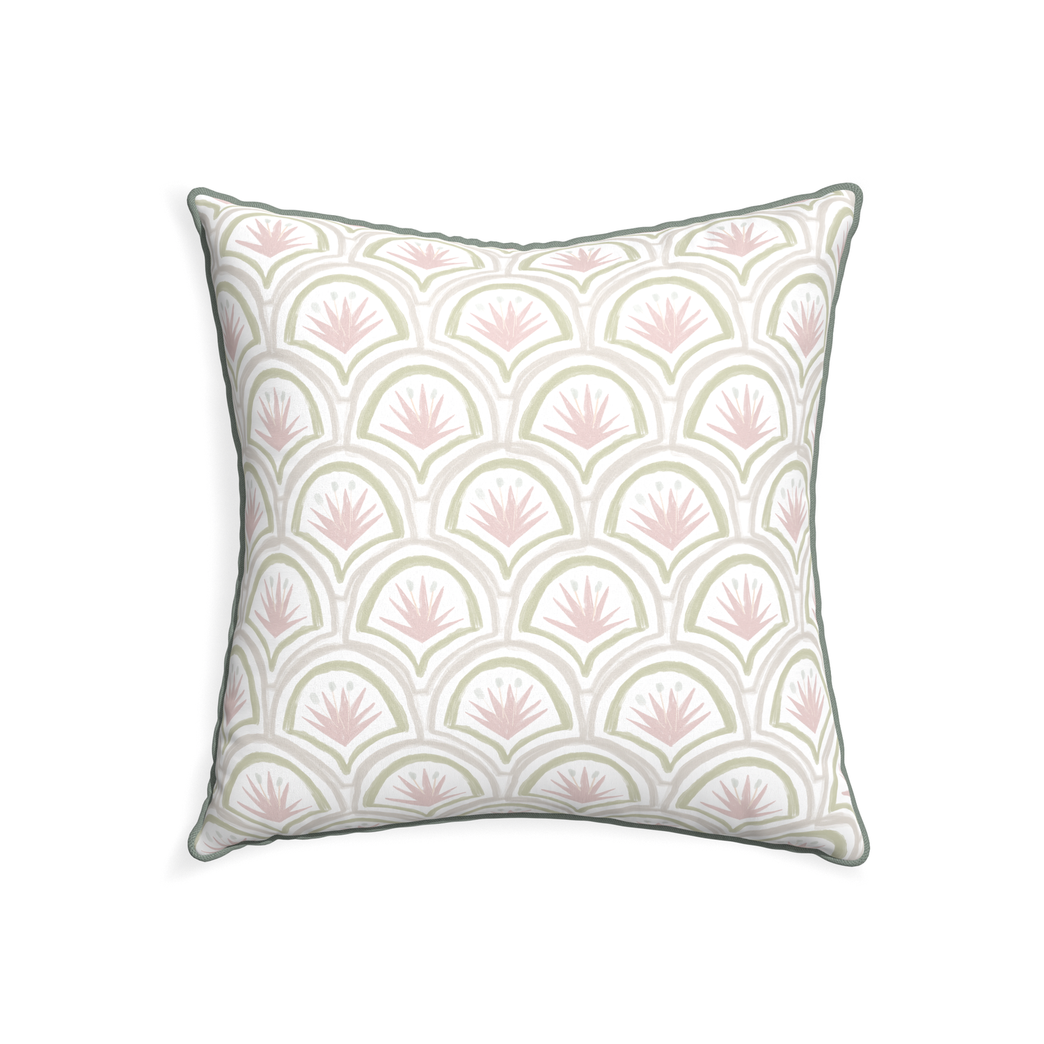22-square thatcher rose custom pink & green palmpillow with sage piping on white background