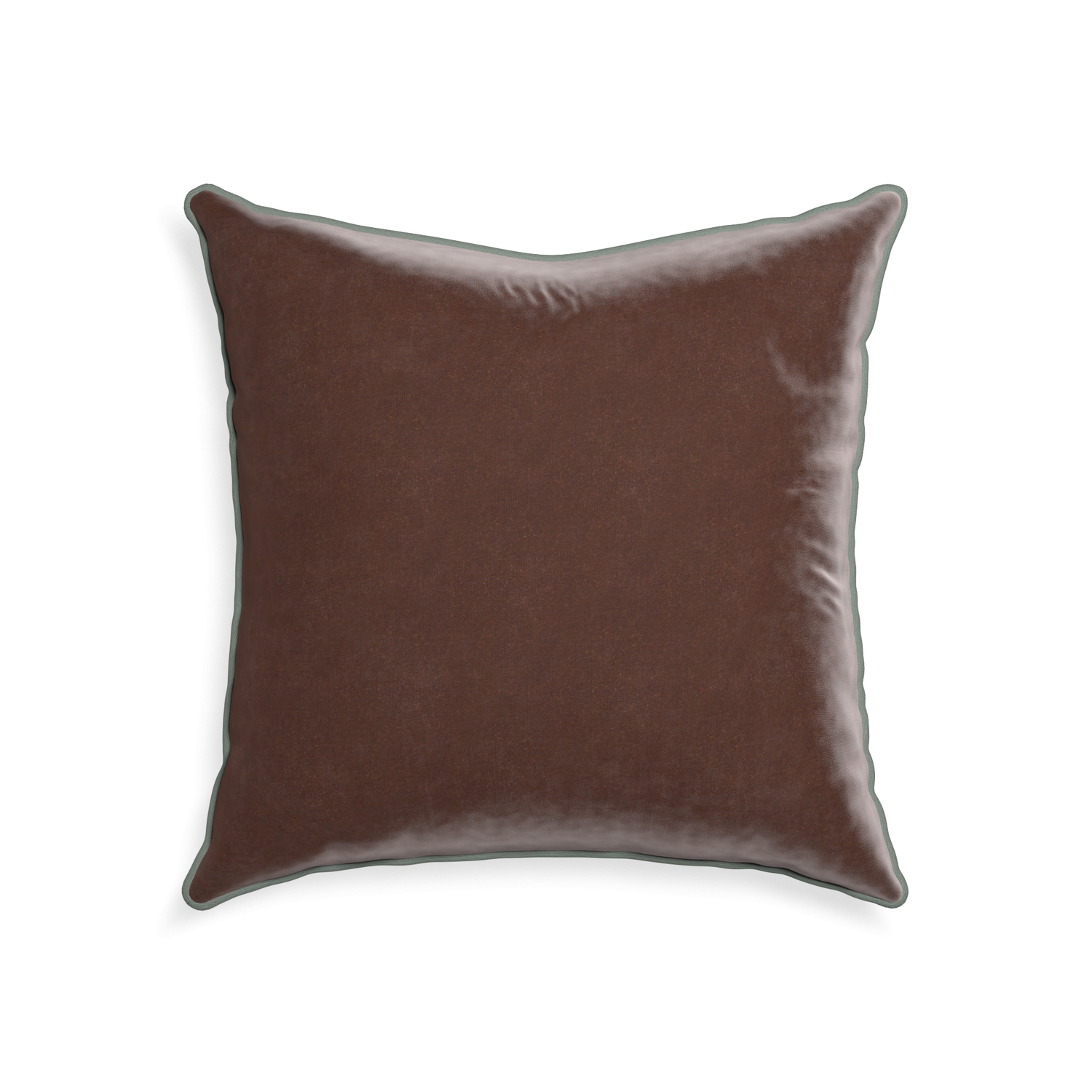 22-square walnut velvet custom brownpillow with sage piping on white background