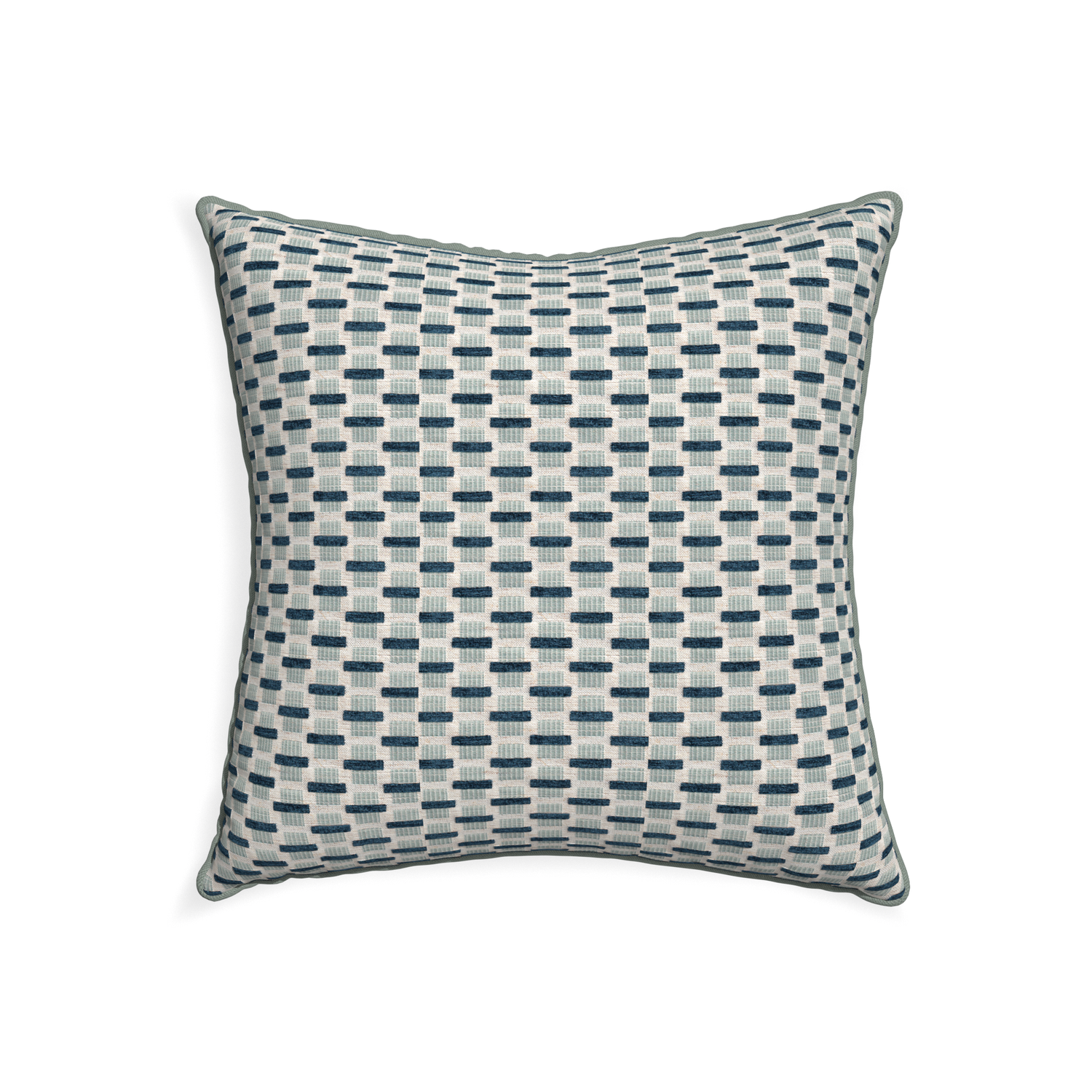 22-square willow amalfi custom blue geometric chenillepillow with sage piping on white background