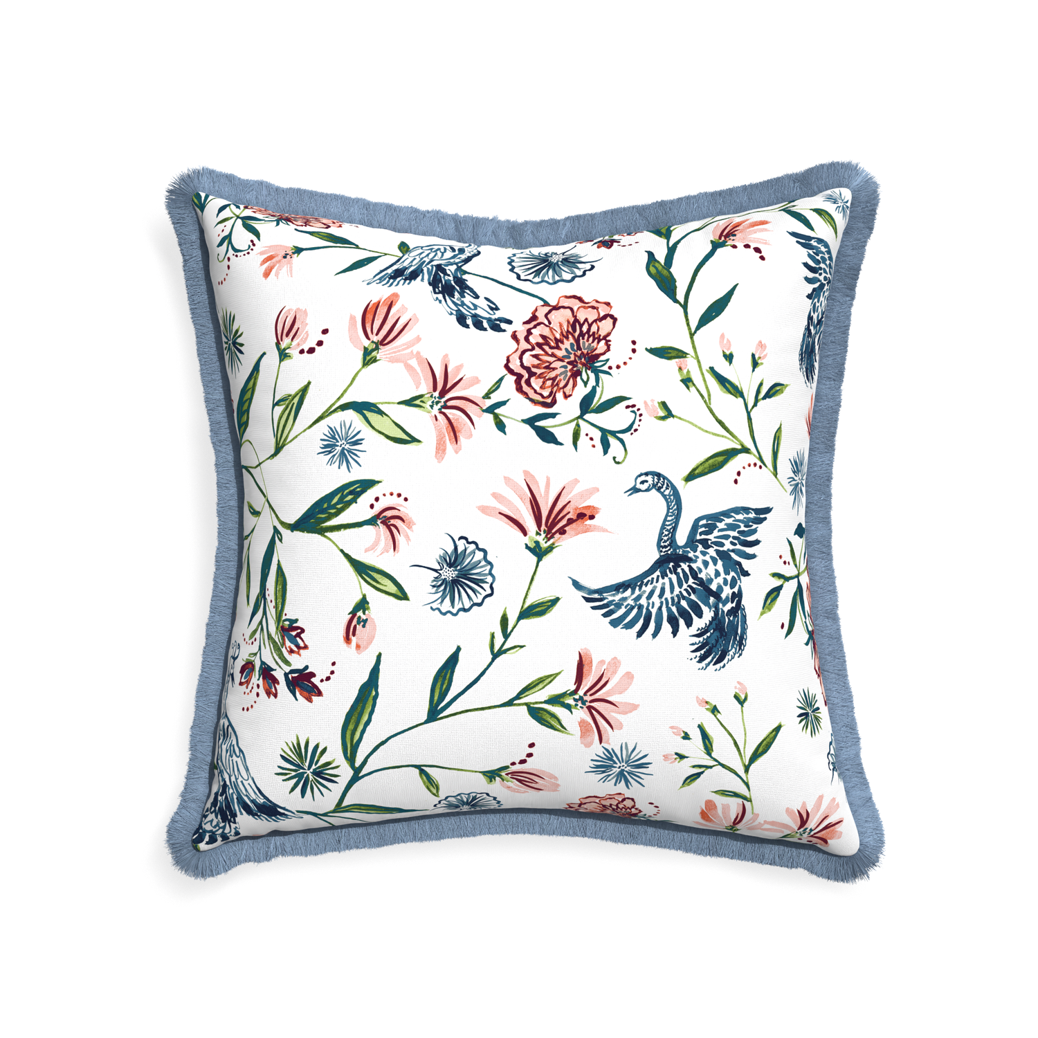 22-square daphne cream custom pillow with sky fringe on white background