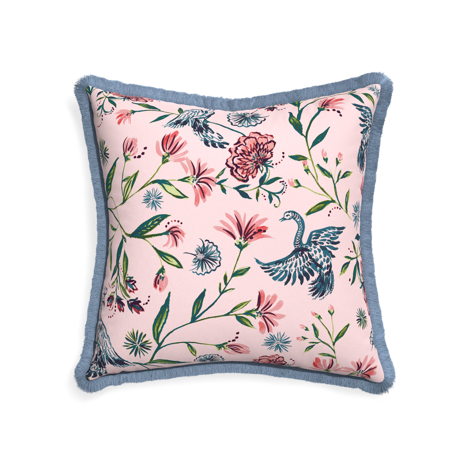22-square daphne rose custom pillow with sky fringe on white background
