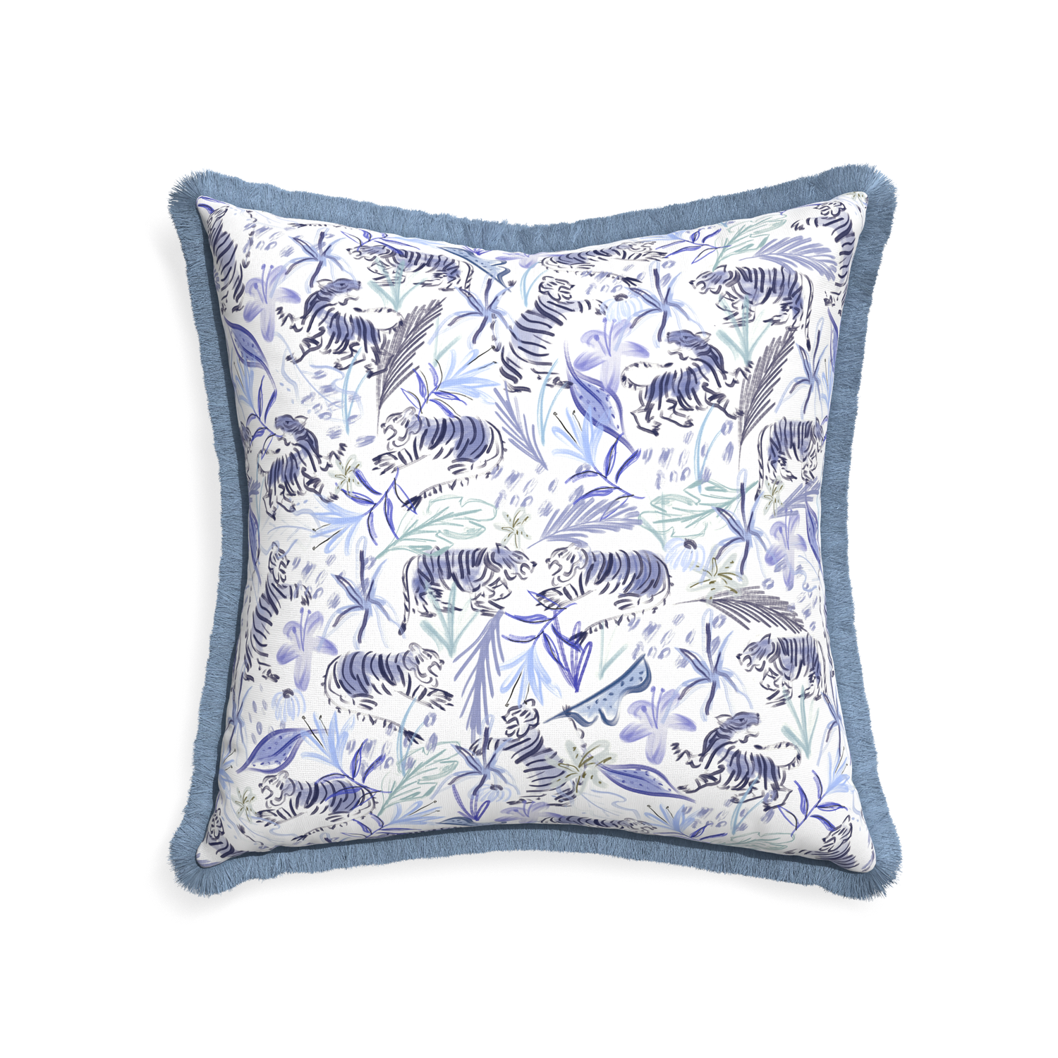 22-square frida blue custom blue with intricate tiger designpillow with sky fringe on white background
