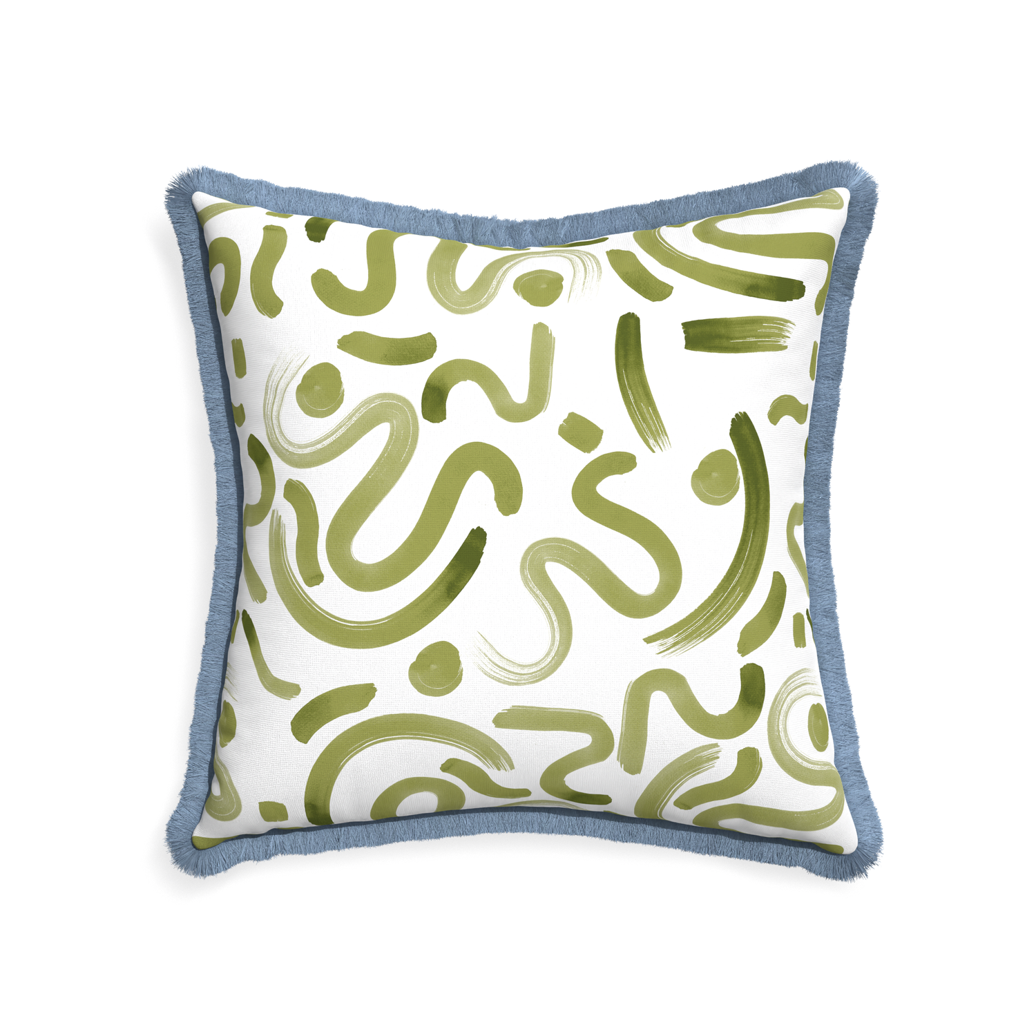 22-square hockney moss custom pillow with sky fringe on white background