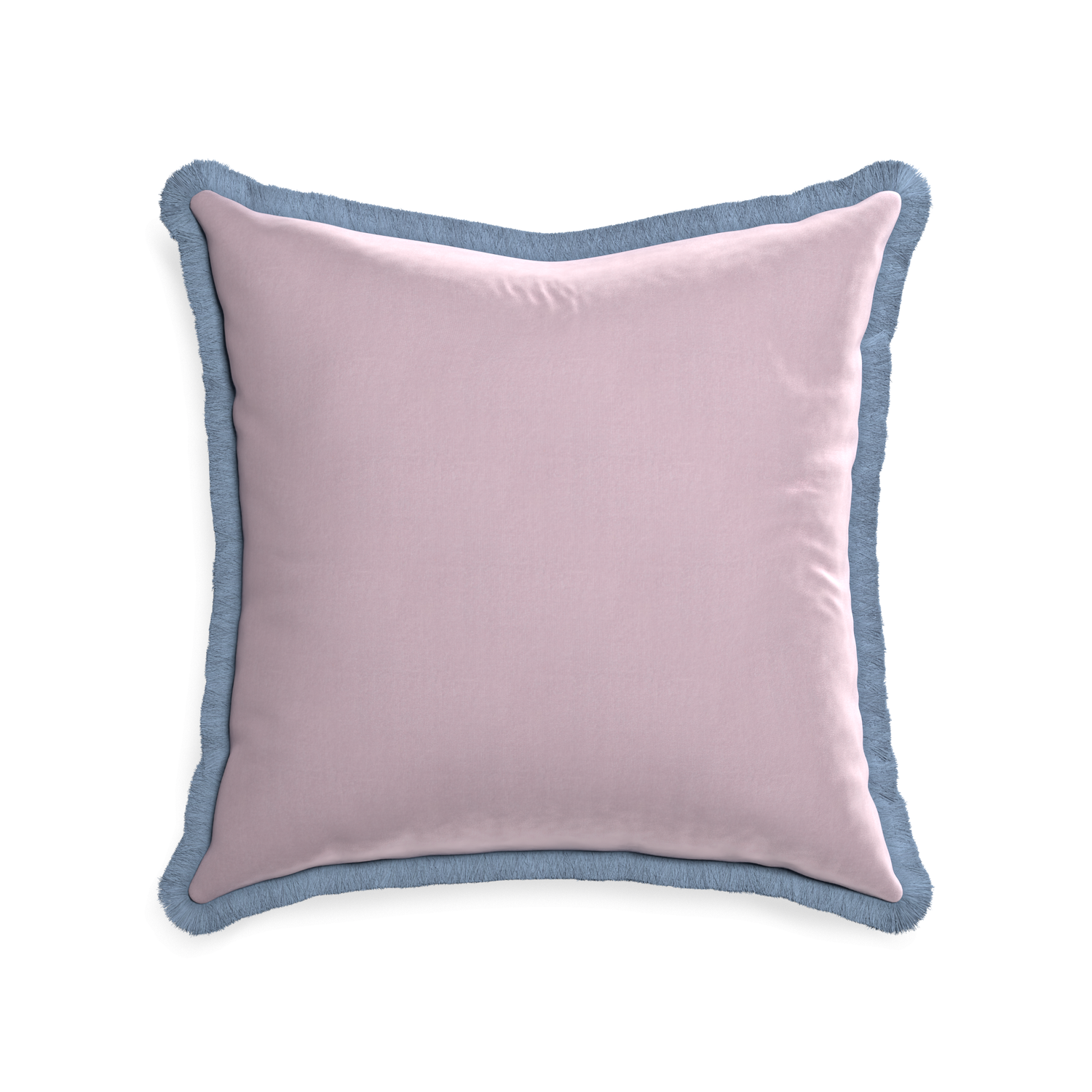 22-square lilac velvet custom pillow with sky fringe on white background