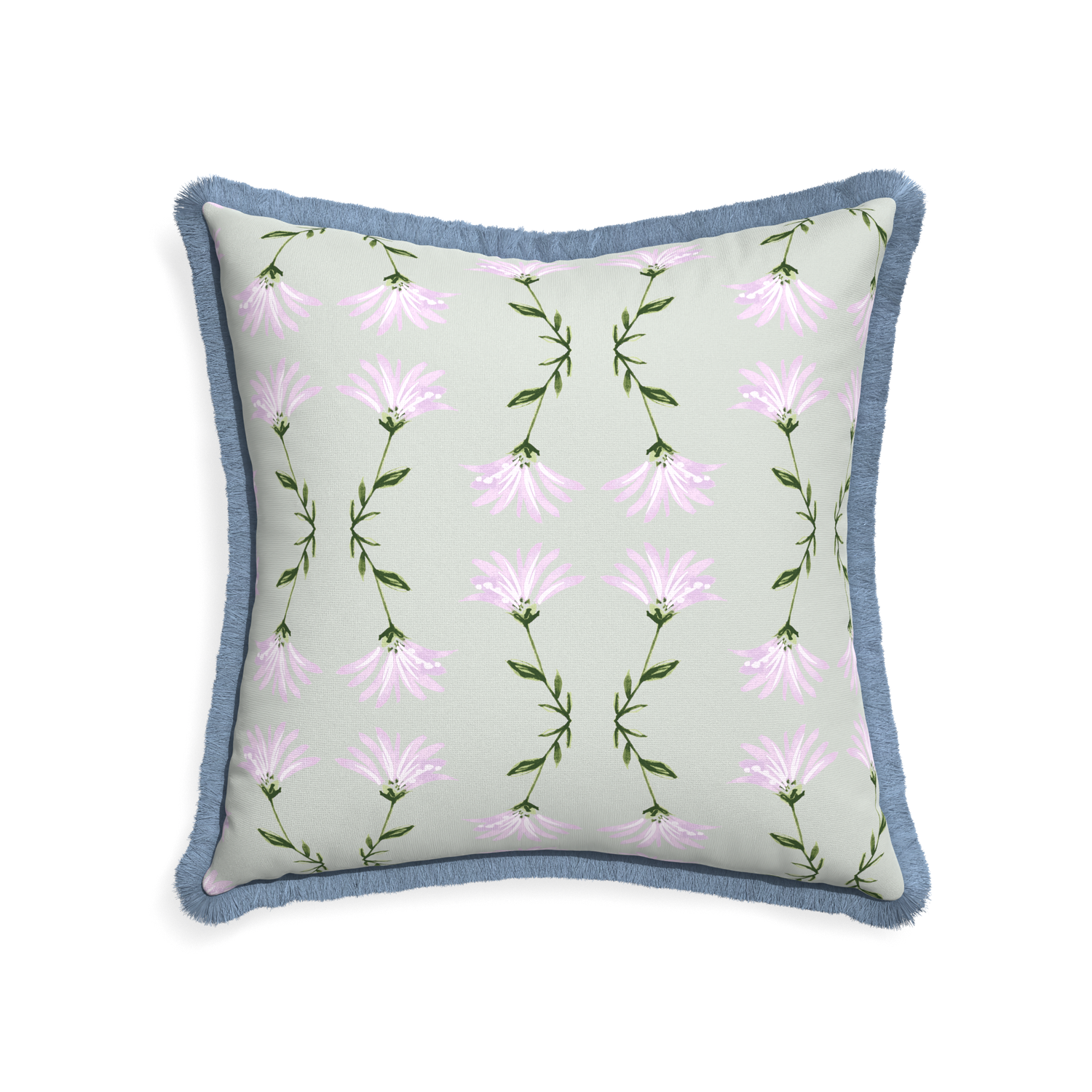 22-square marina sage custom pillow with sky fringe on white background