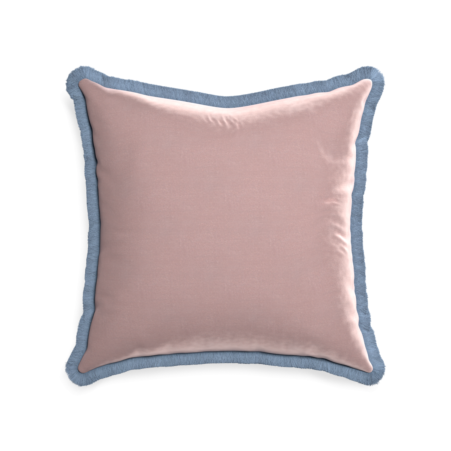 square mauve velvet pillow with sky blue fringe