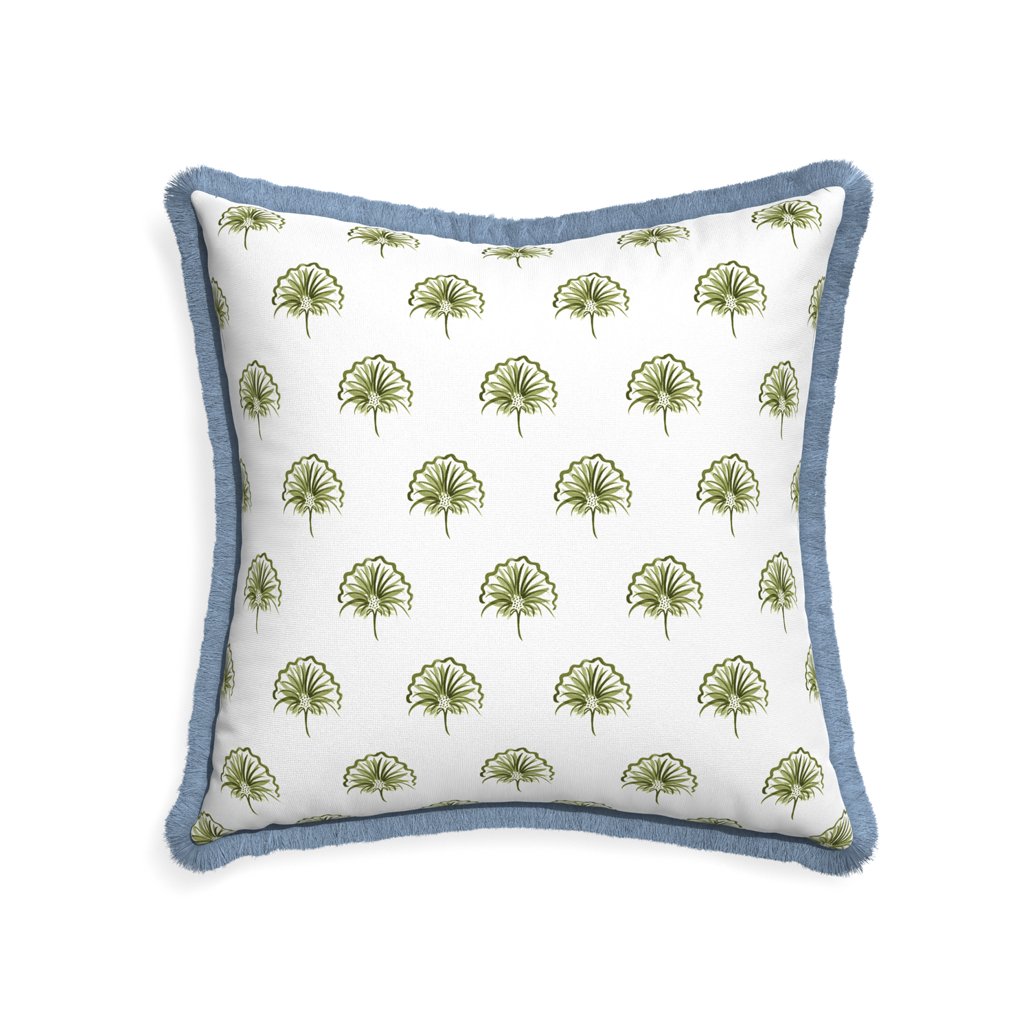 22-square penelope moss custom pillow with sky fringe on white background