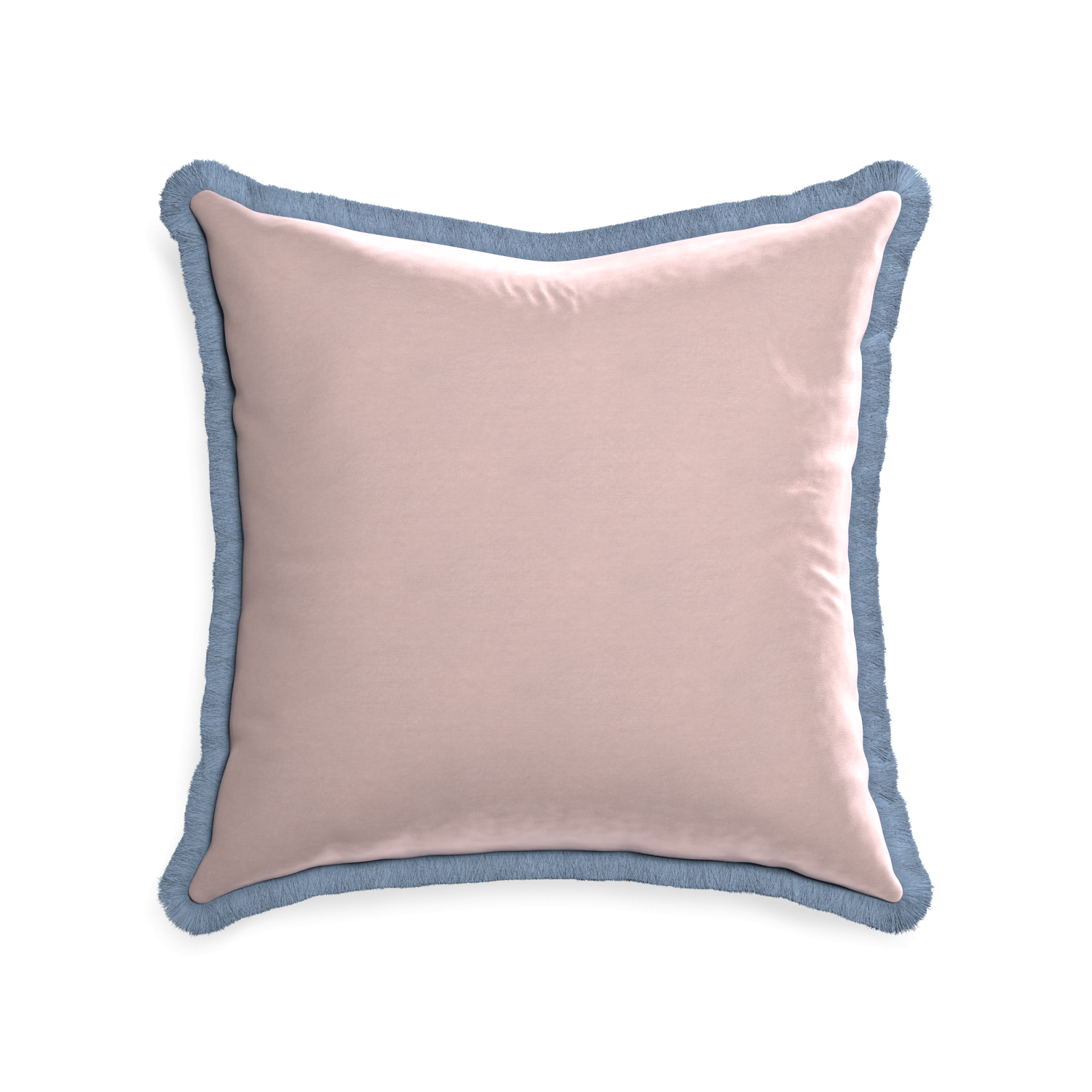 22-square rose velvet custom pillow with sky fringe on white background