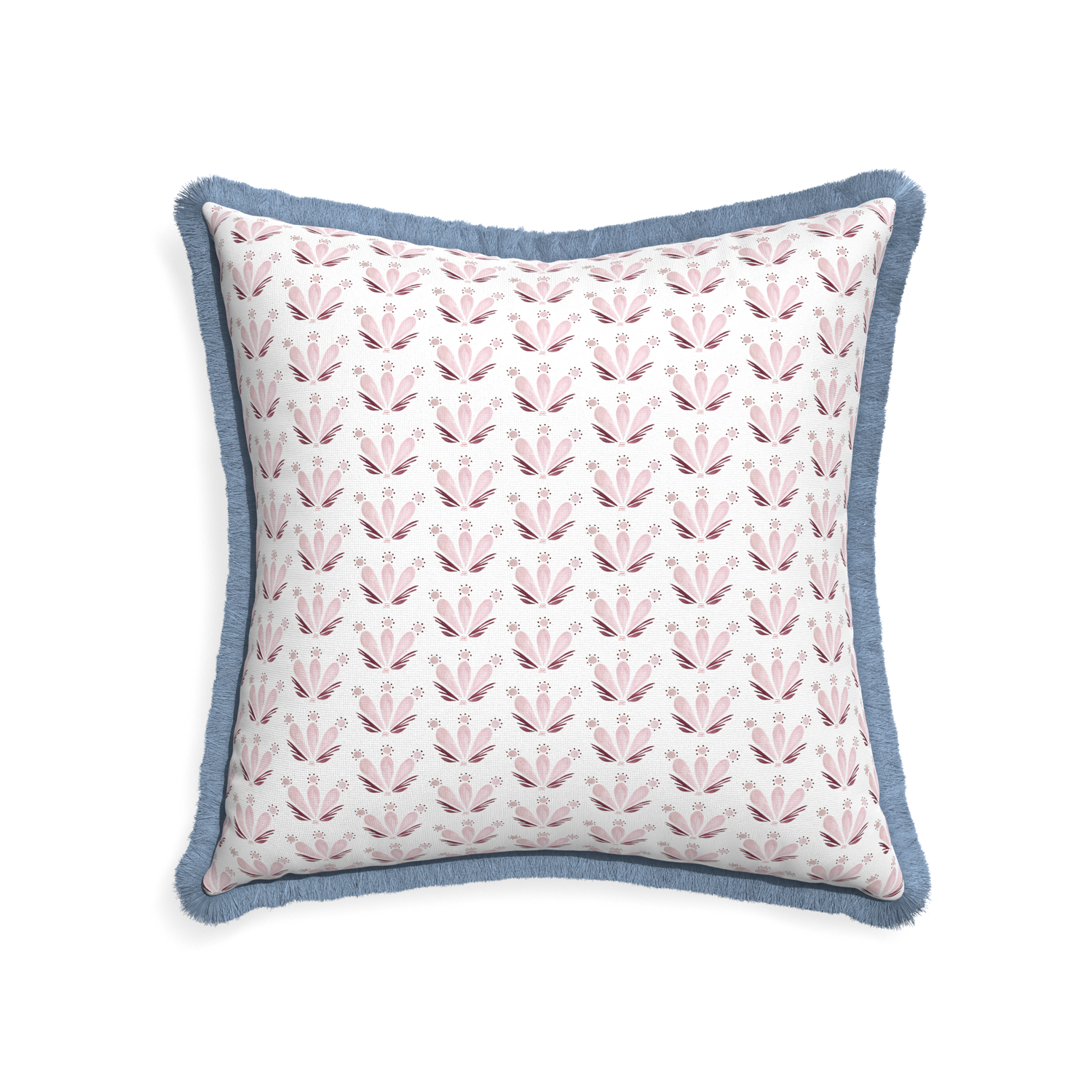 22-square serena pink custom pink & burgundy drop repeat floralpillow with sky fringe on white background