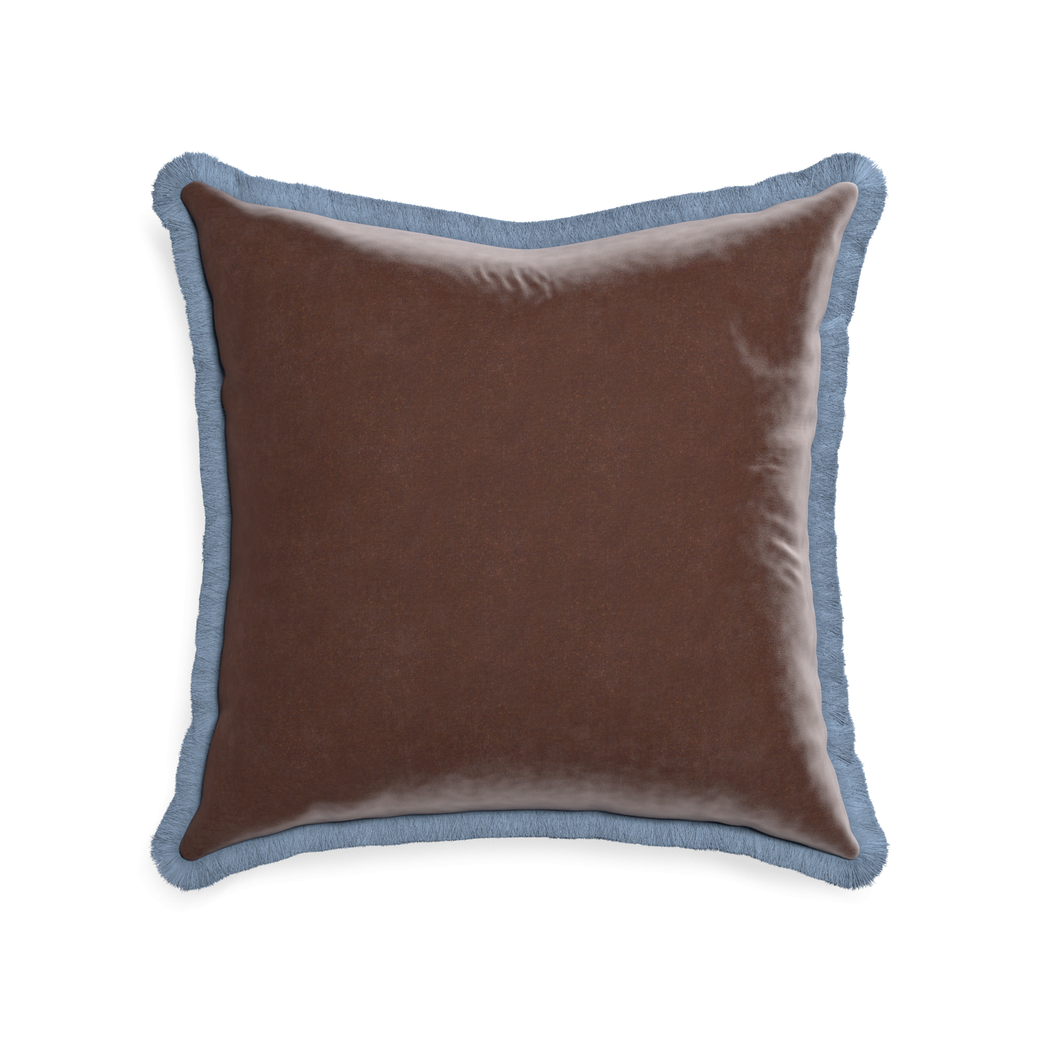 square brown velvet pillow with sky blue fringe