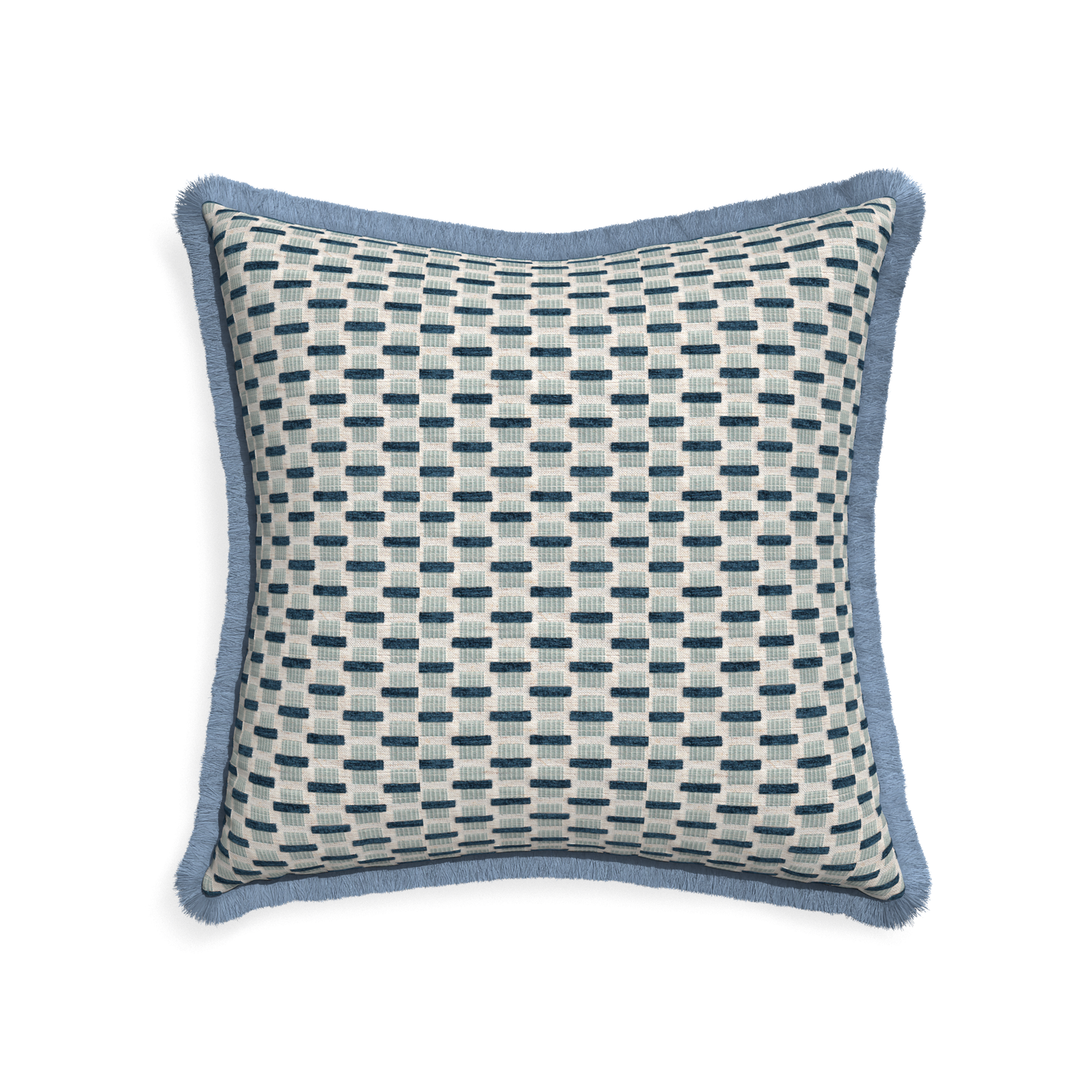 22-square willow amalfi custom blue geometric chenillepillow with sky fringe on white background