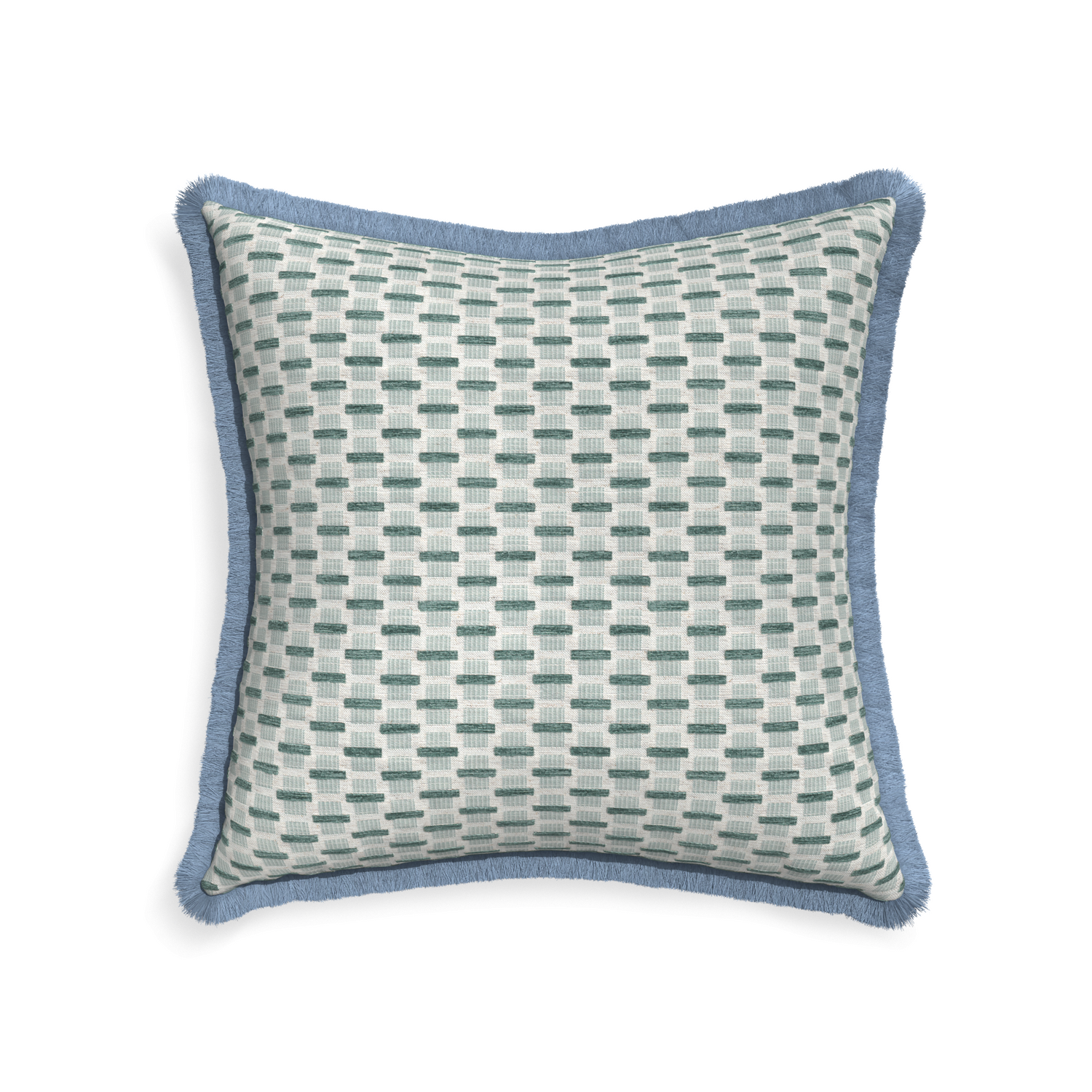 22-square willow mint custom green geometric chenillepillow with sky fringe on white background