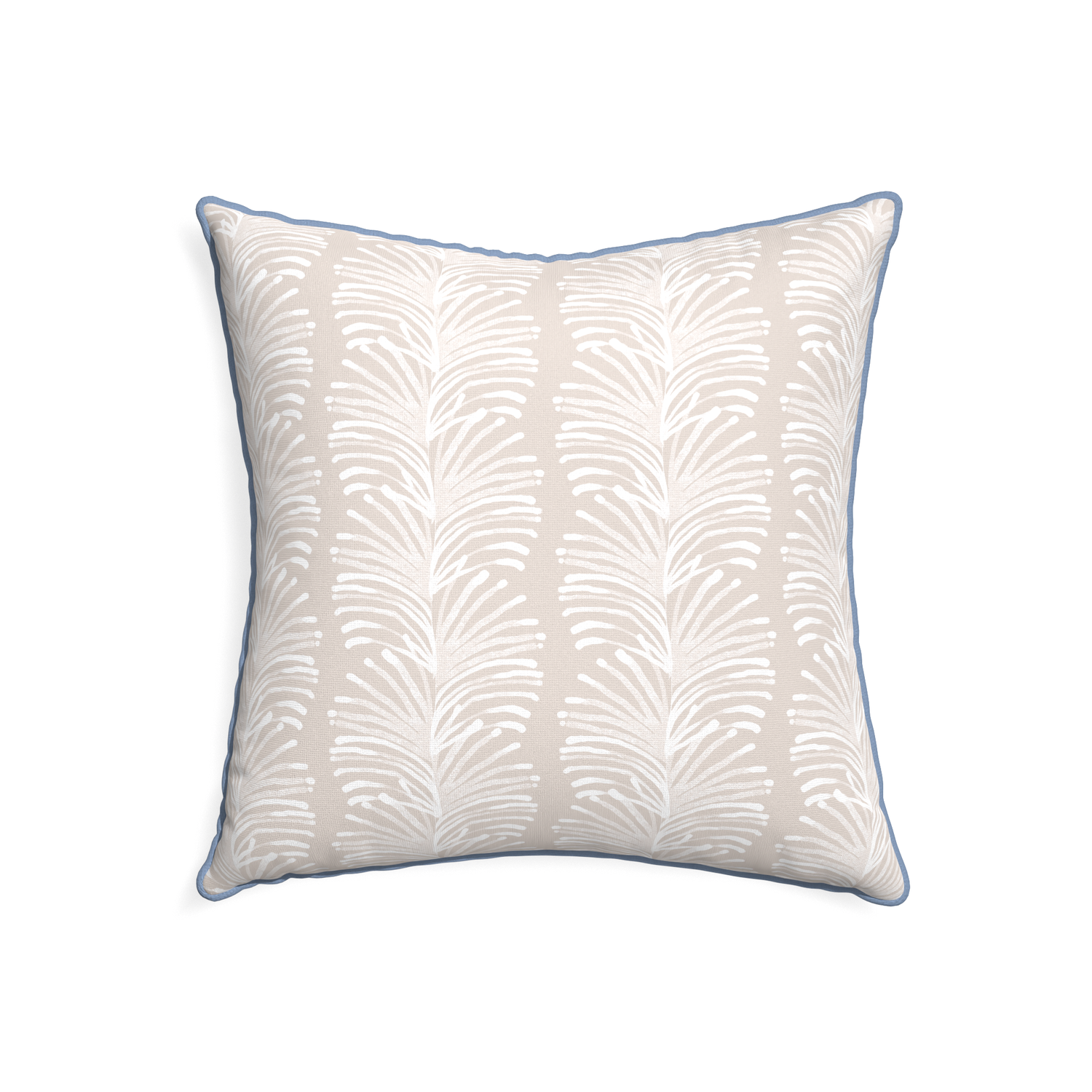 22-square emma sand custom sand colored botanical stripepillow with sky piping on white background