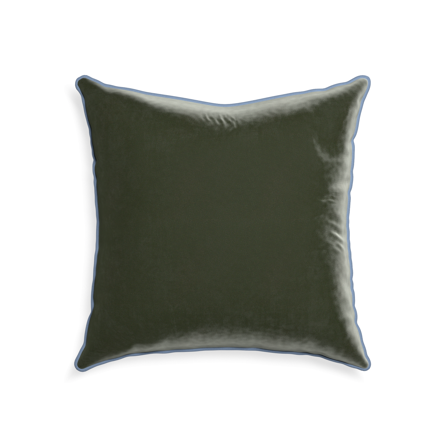 square fern green velvet pillow with sky blue piping