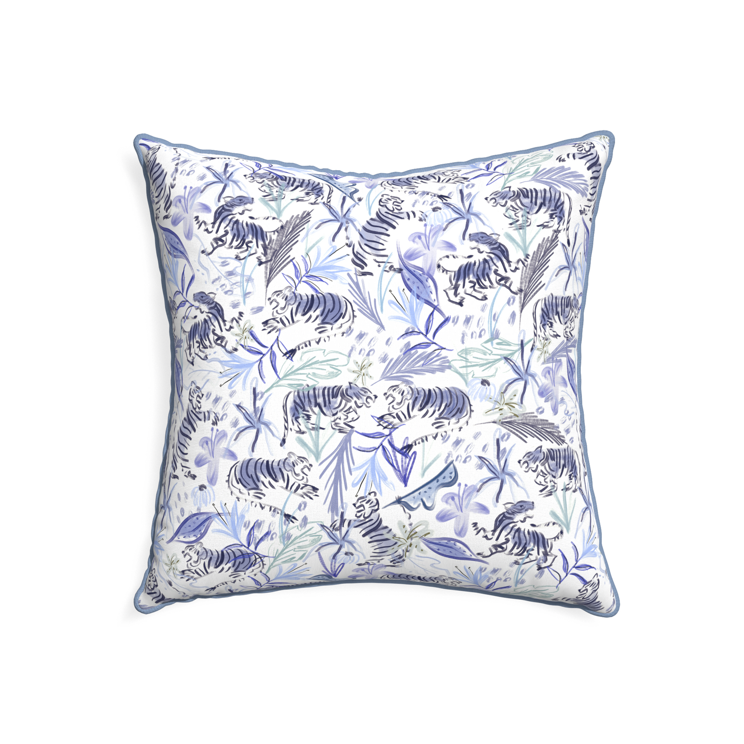 22-square frida blue custom blue with intricate tiger designpillow with sky piping on white background