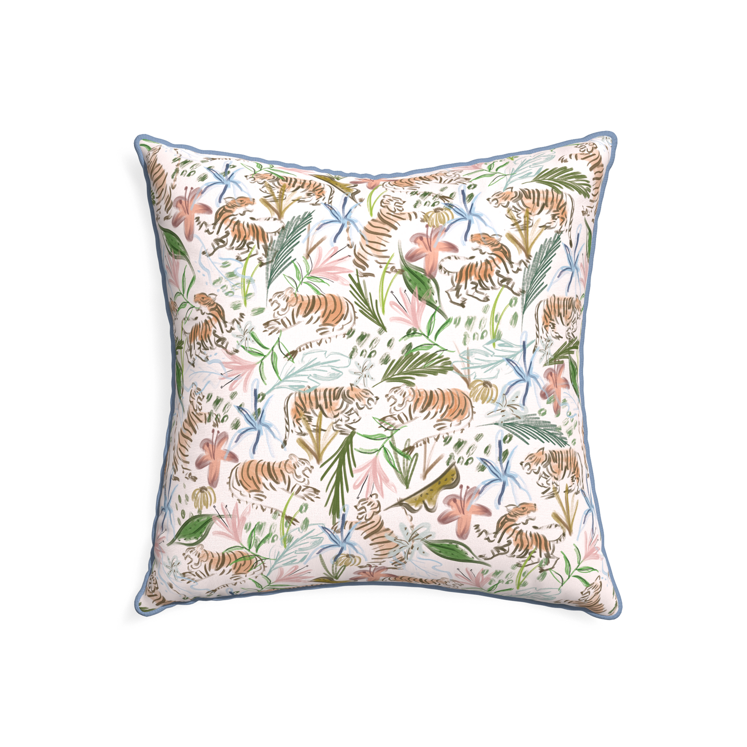 22-square frida pink custom pink chinoiserie tigerpillow with sky piping on white background