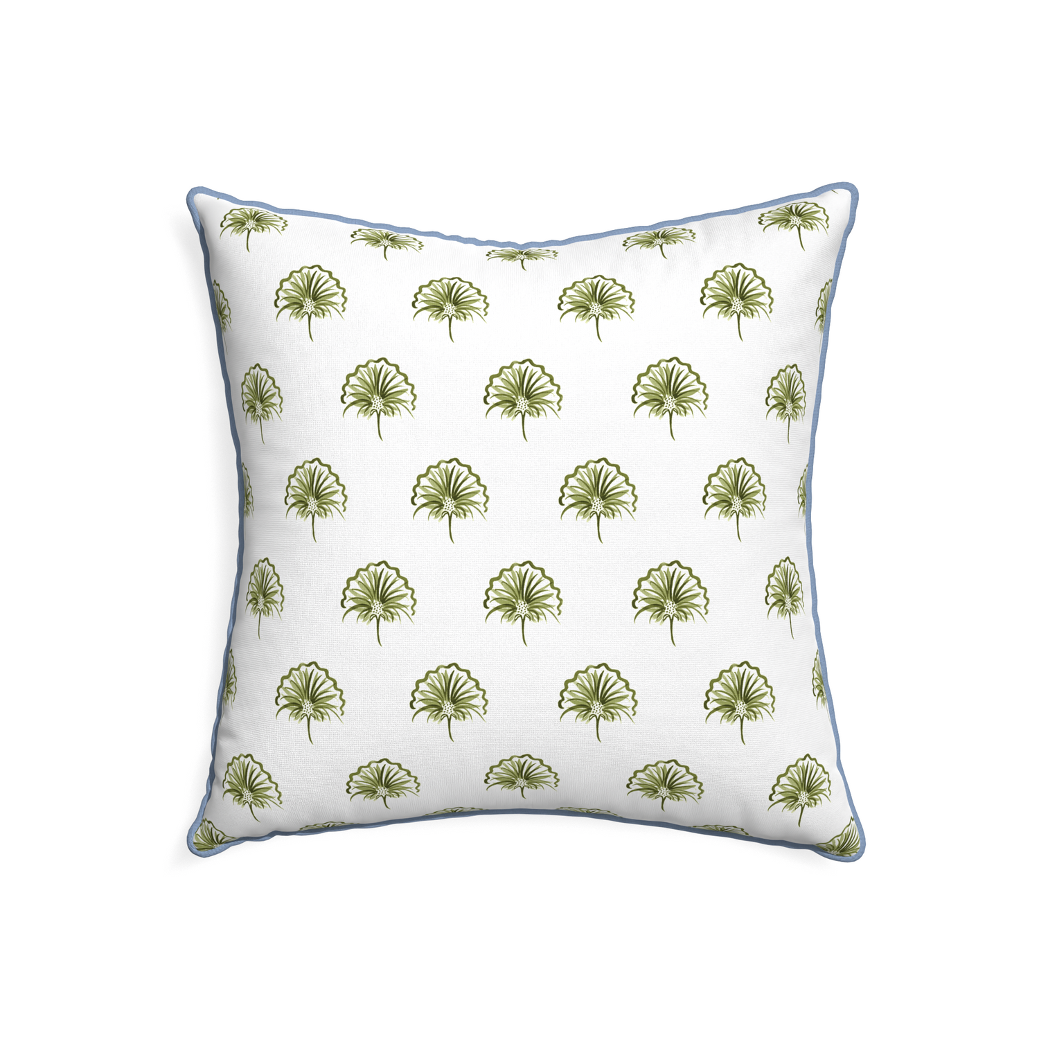 22-square penelope moss custom green floralpillow with sky piping on white background