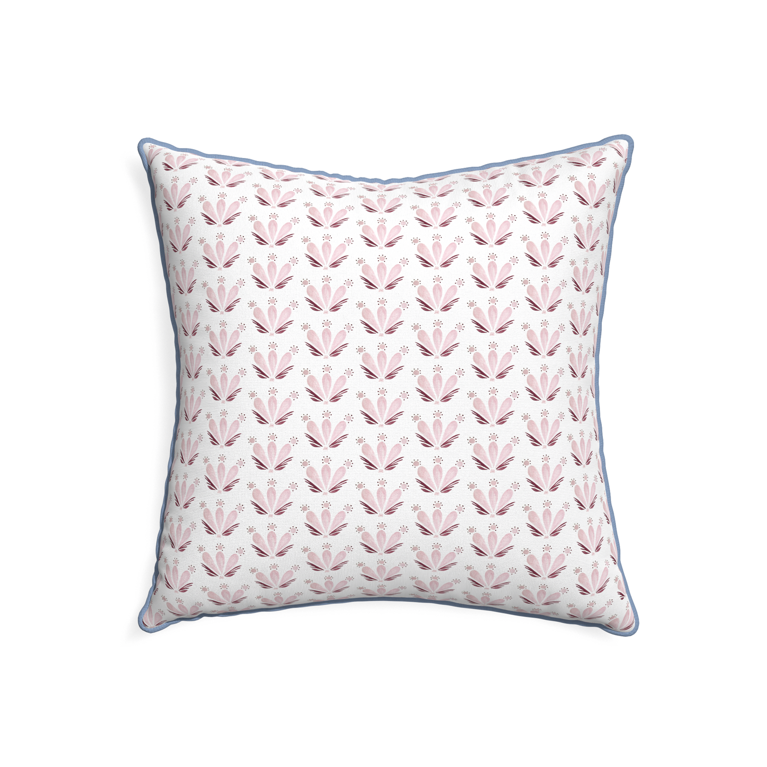 22-square serena pink custom pink & burgundy drop repeat floralpillow with sky piping on white background