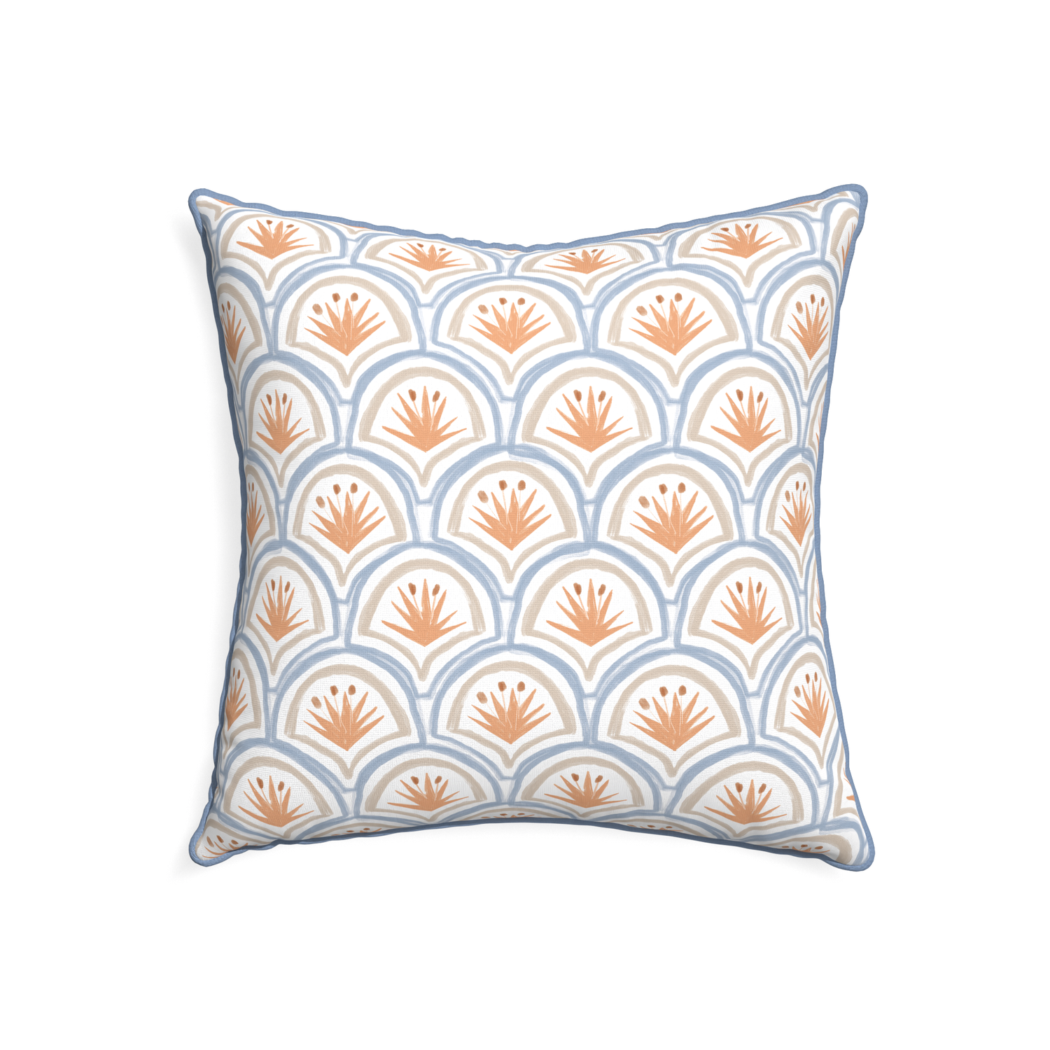 22-square thatcher apricot custom art deco palm patternpillow with sky piping on white background