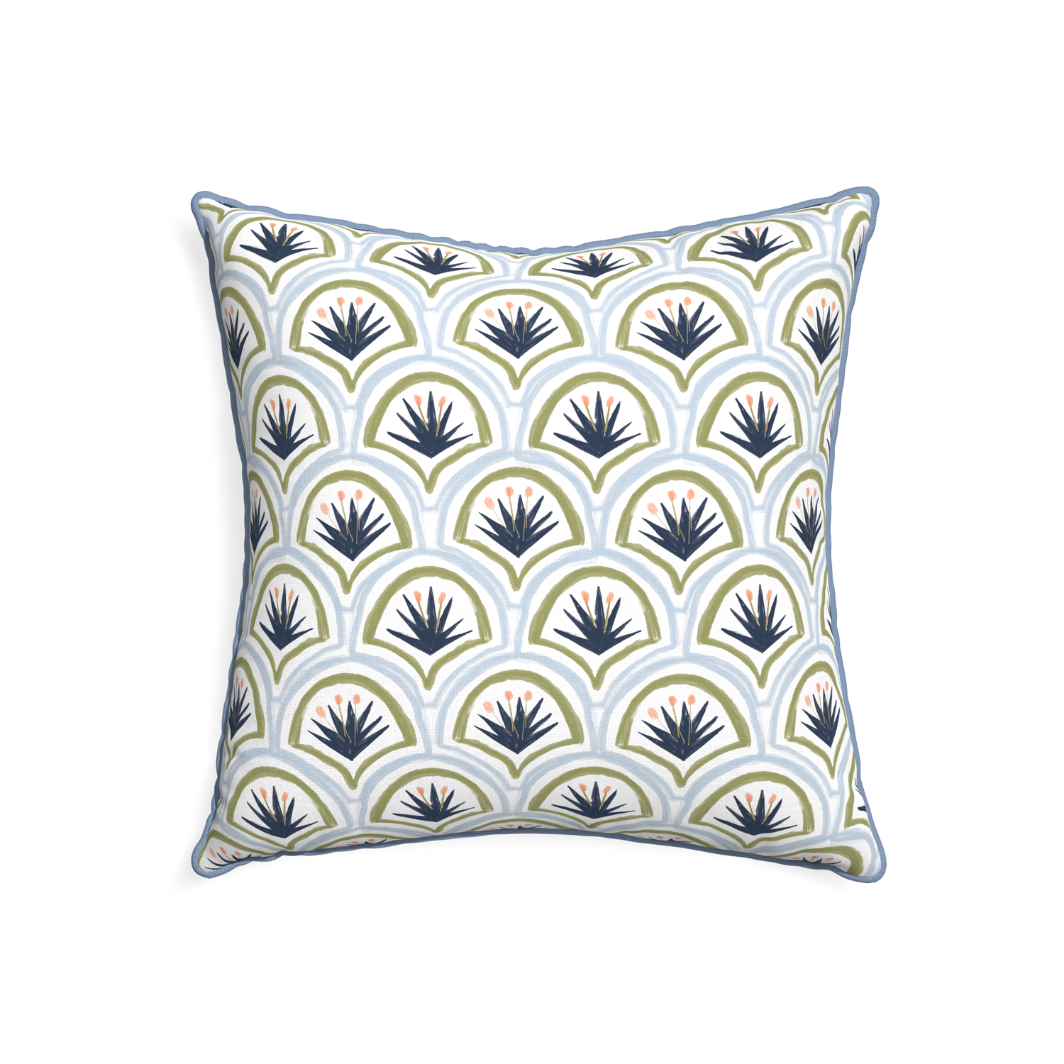 22-square thatcher midnight custom art deco palm patternpillow with sky piping on white background