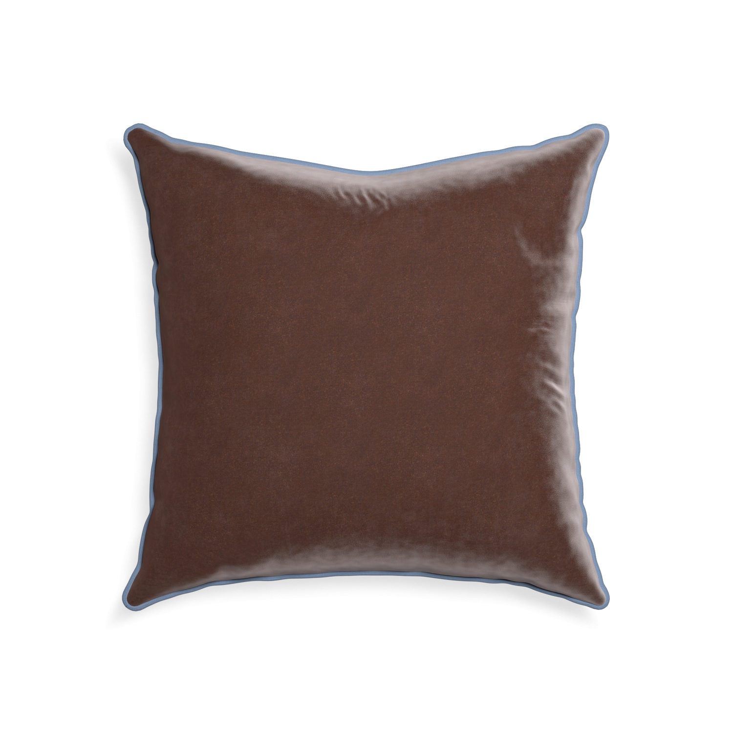22-square walnut velvet custom pillow with sky piping on white background
