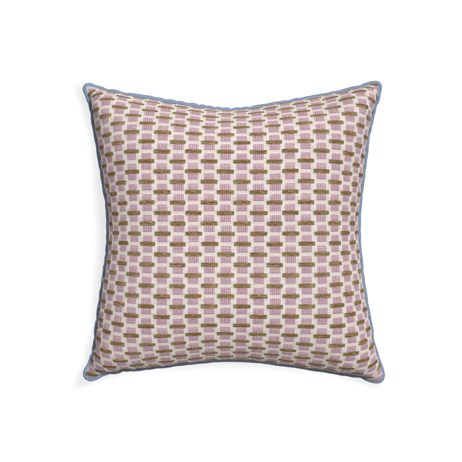22-square willow orchid custom pink geometric chenillepillow with sky piping on white background