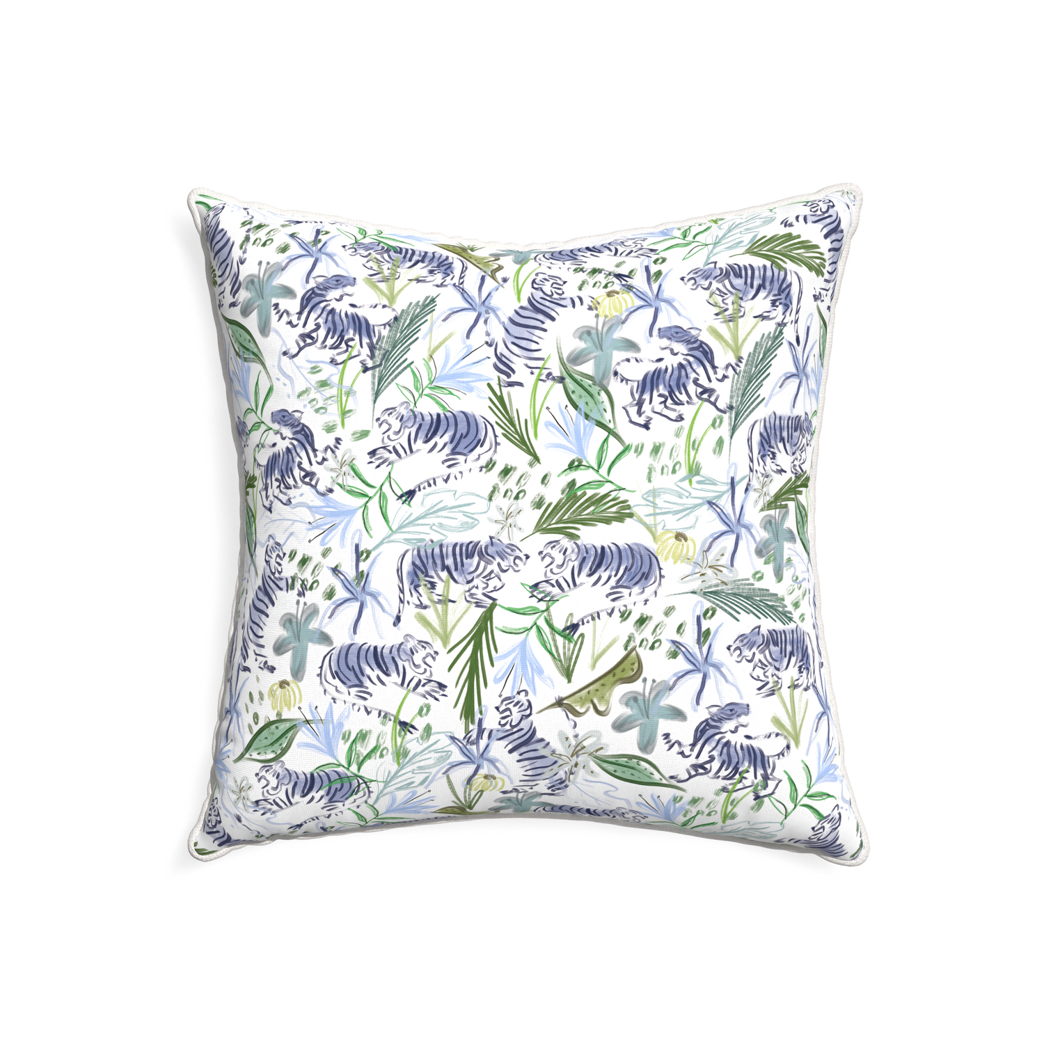 22-square frida green custom green tigerpillow with snow piping on white background