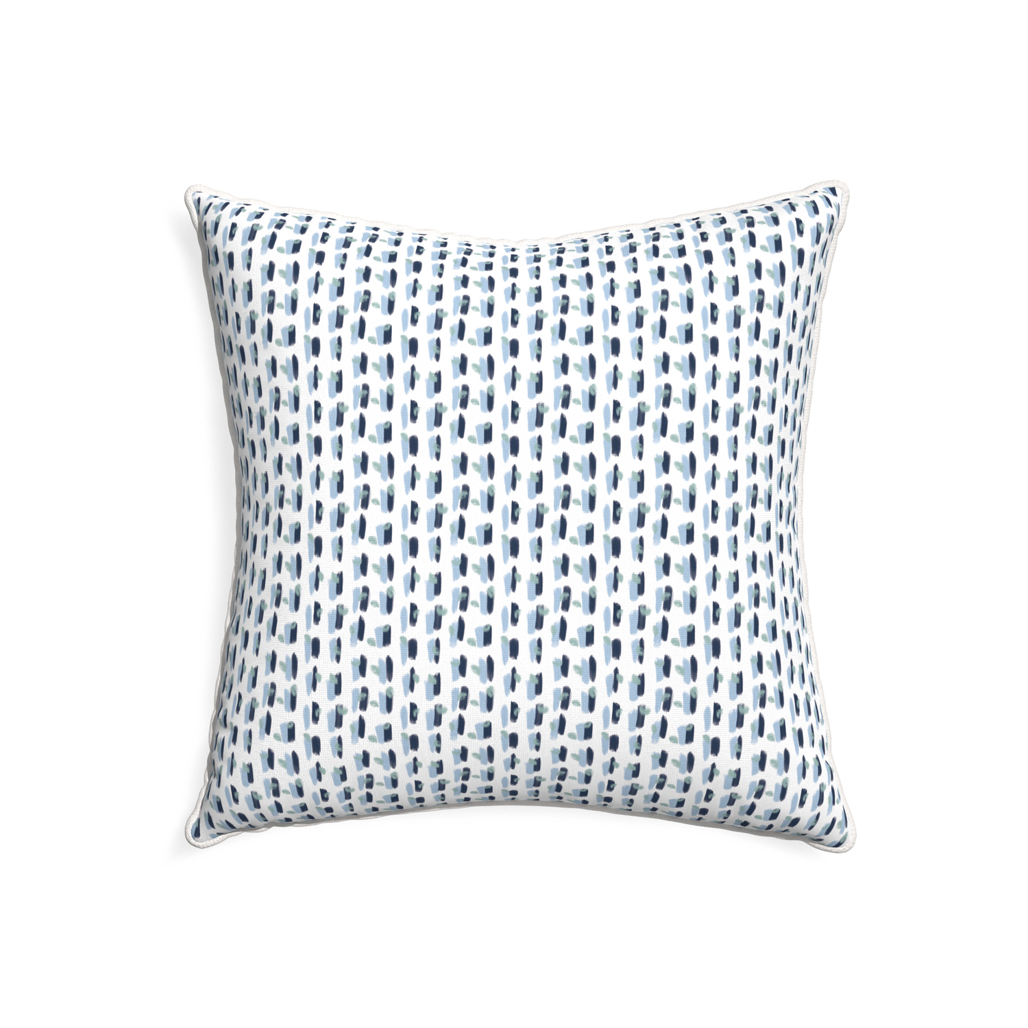 22-square poppy blue custom pillow with snow piping on white background