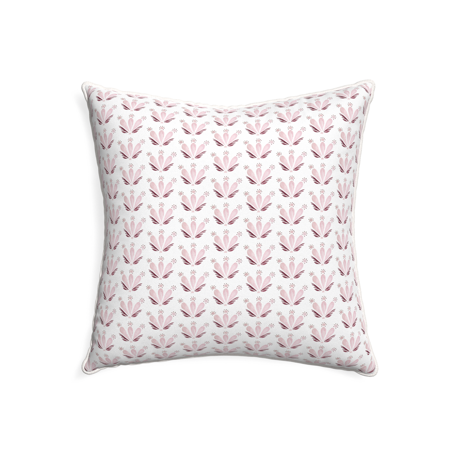 22-square serena pink custom pink & burgundy drop repeat floralpillow with snow piping on white background