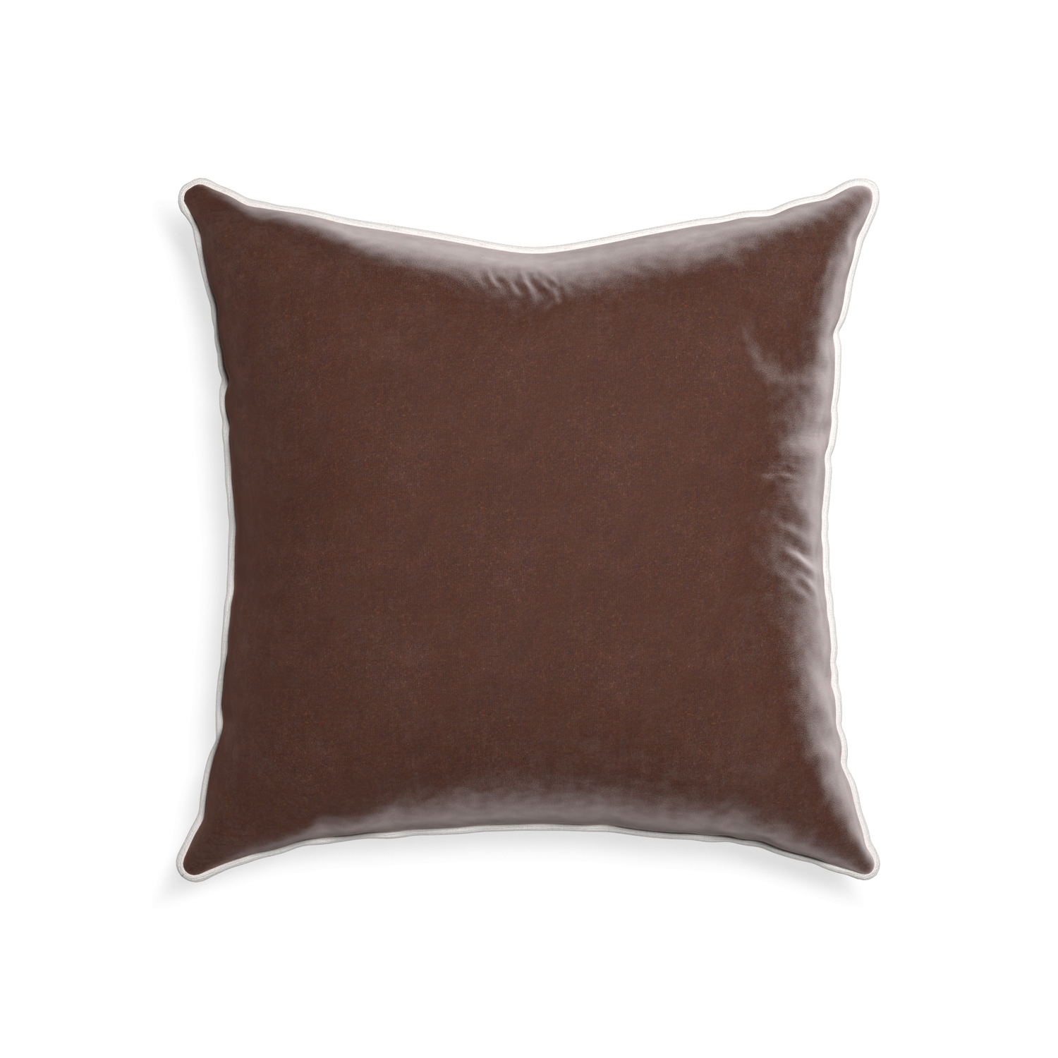 square brown velvet pillow with white piping