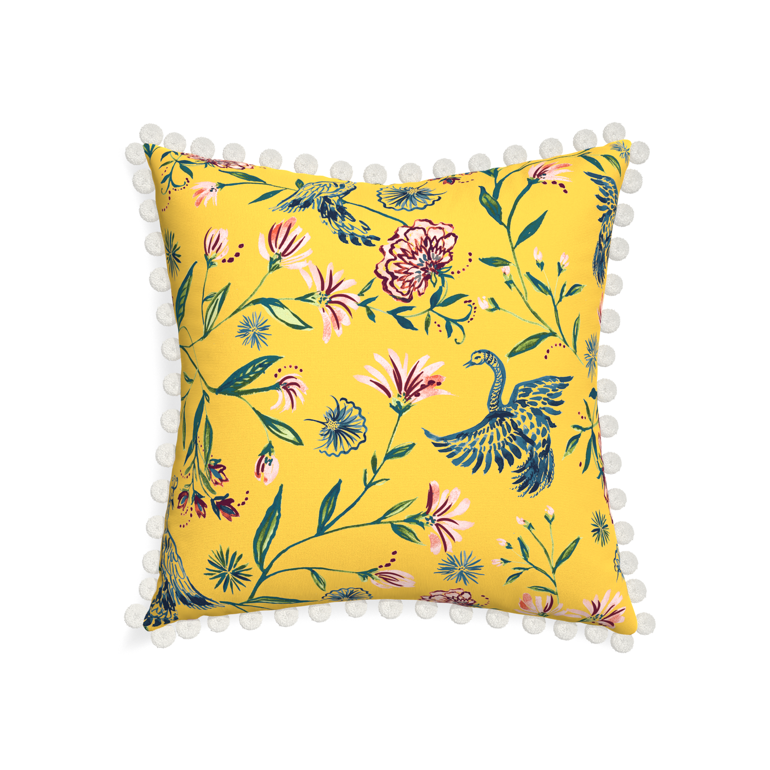 22-square daphne canary custom yellow chinoiseriepillow with snow pom pom on white background