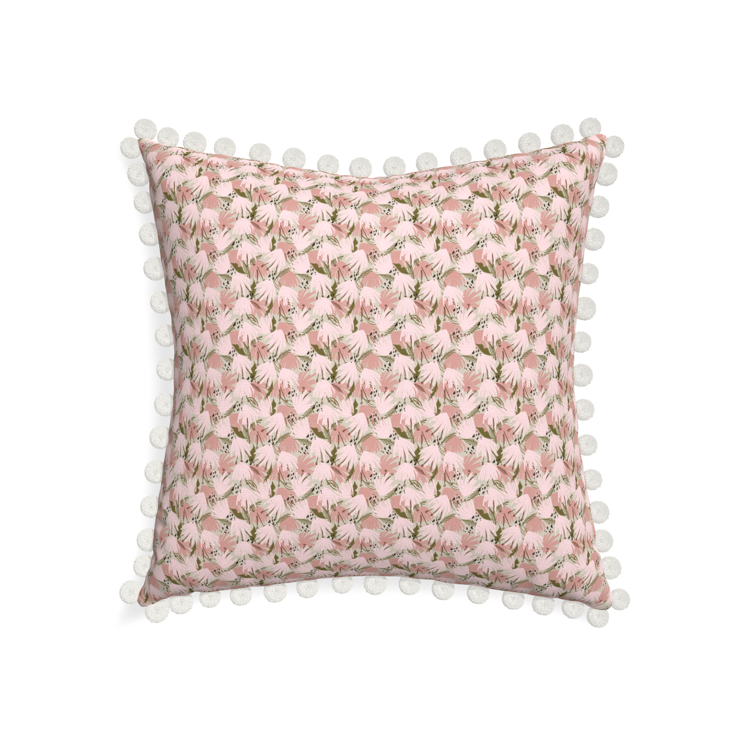 22-square eden pink custom pillow with snow pom pom on white background