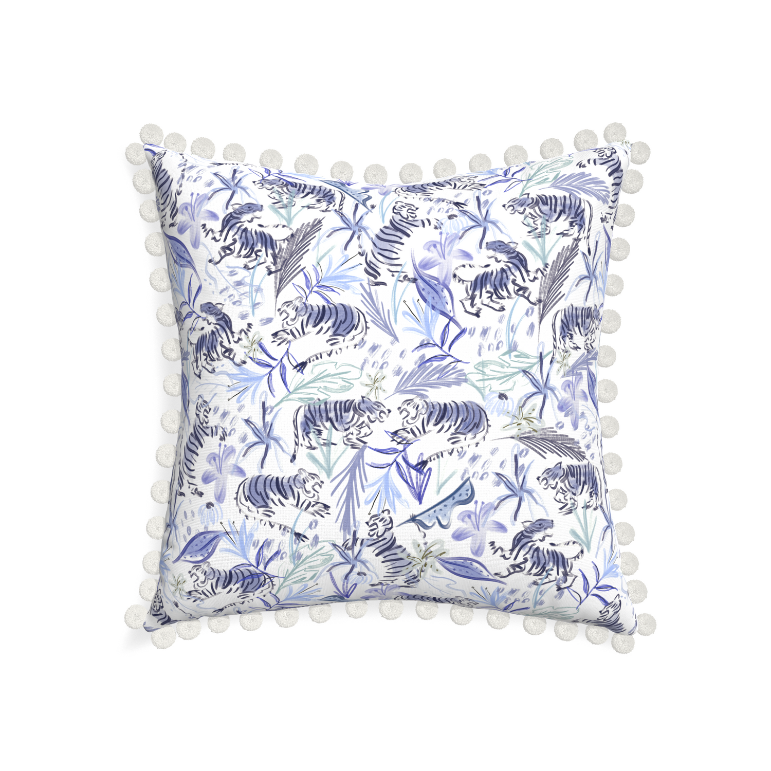 22-square frida blue custom blue with intricate tiger designpillow with snow pom pom on white background
