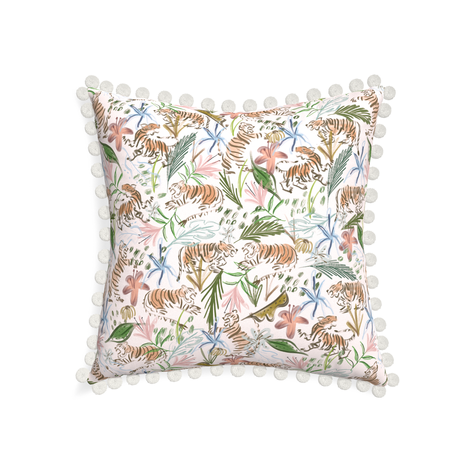 22-square frida pink custom pink chinoiserie tigerpillow with snow pom pom on white background