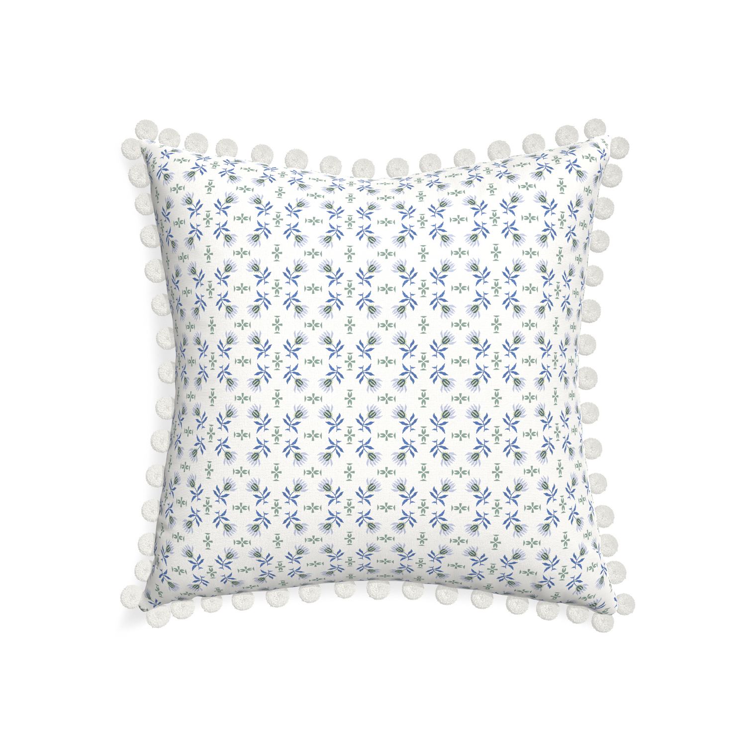 22-square lee custom blue & green floralpillow with snow pom pom on white background