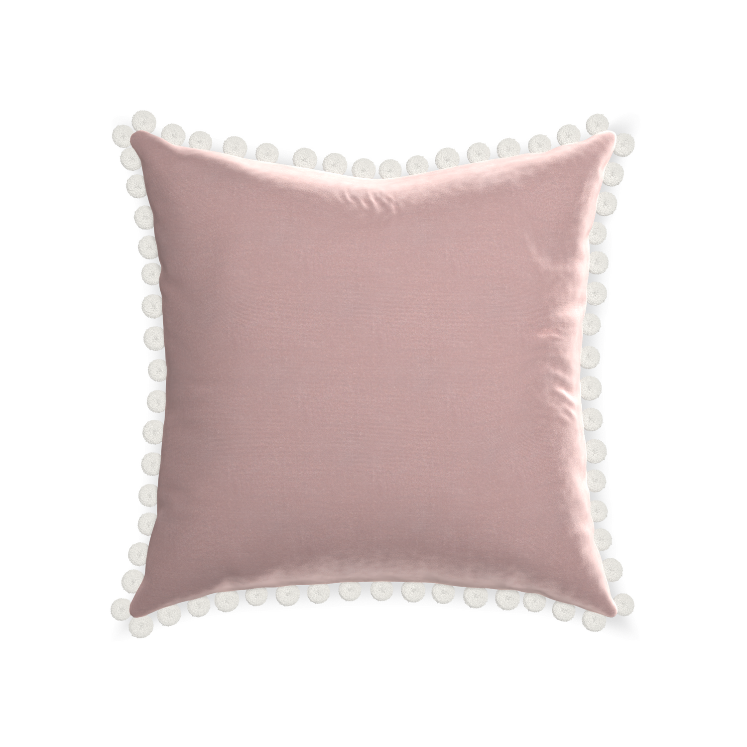 square mauve velvet pillow with white pom poms