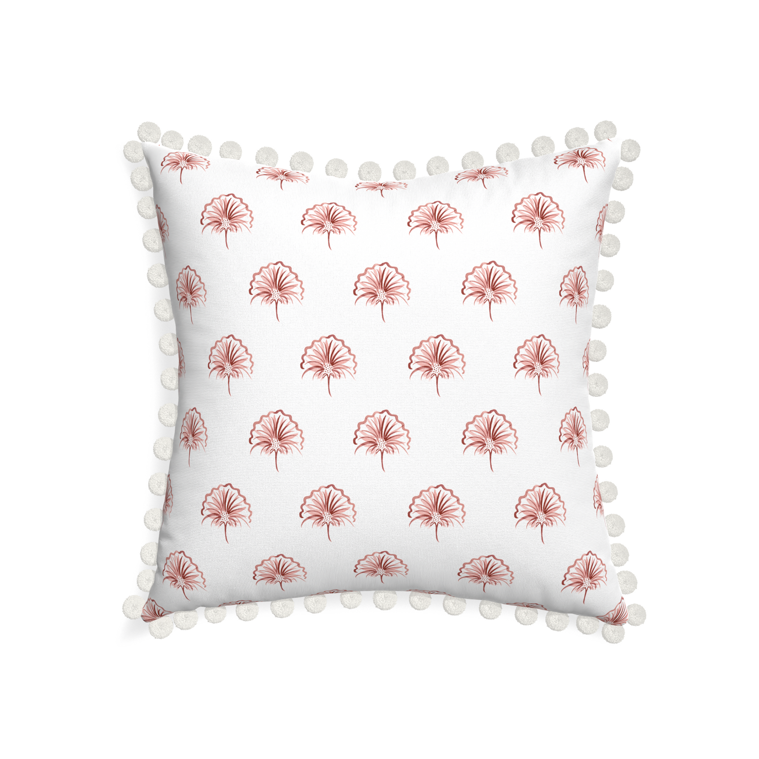 22-square penelope rose custom floral pinkpillow with snow pom pom on white background