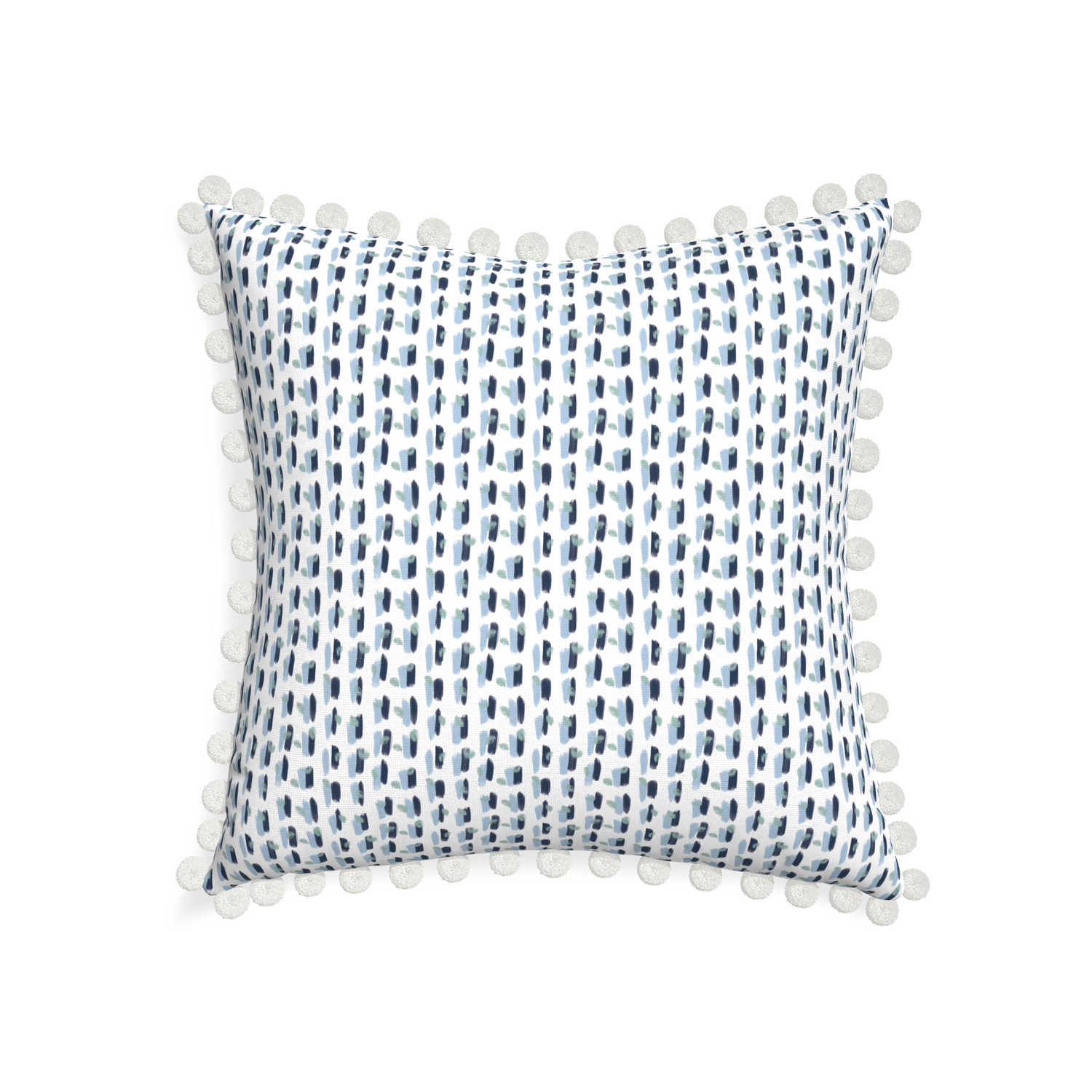 22-square poppy blue custom pillow with snow pom pom on white background