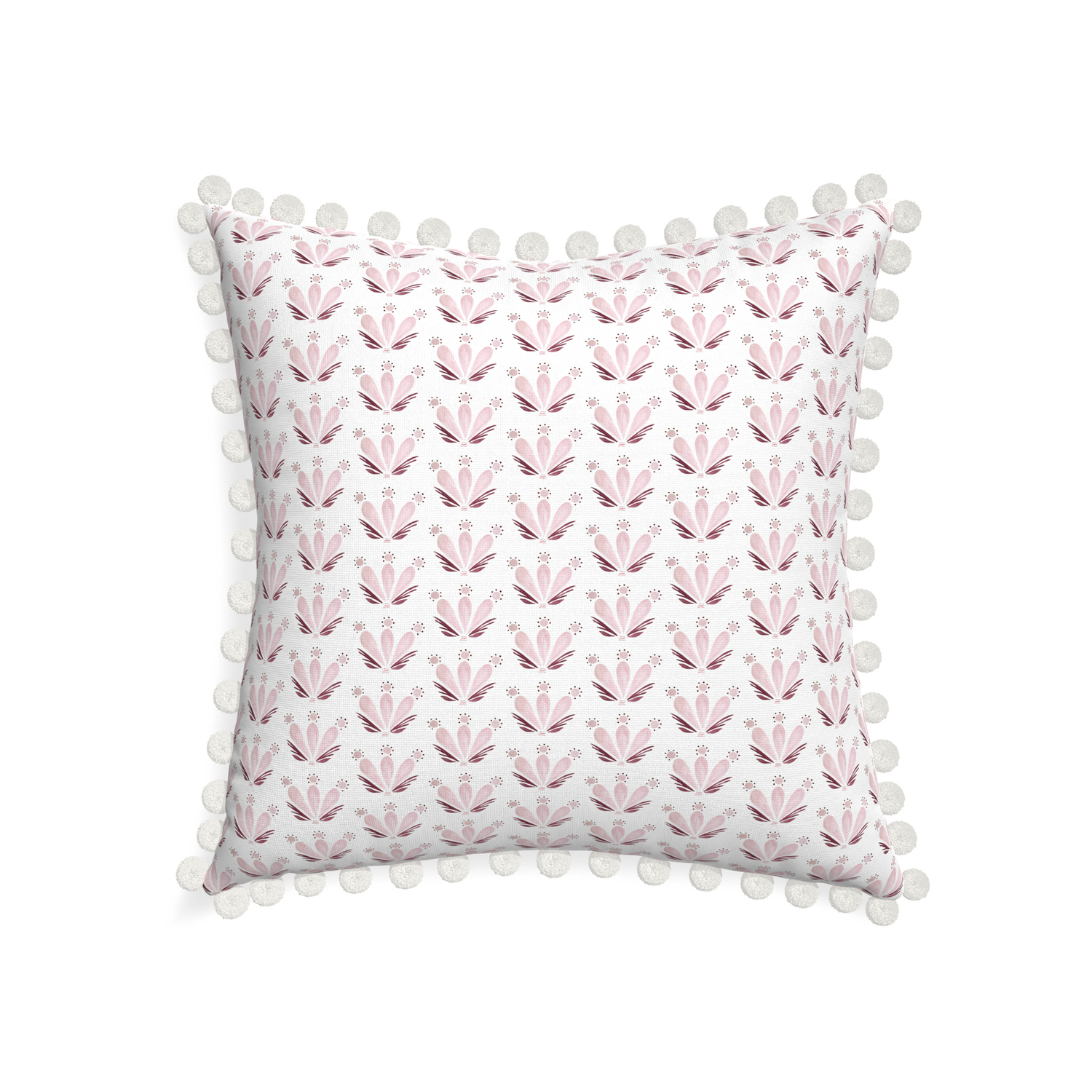 22-square serena pink custom pink & burgundy drop repeat floralpillow with snow pom pom on white background
