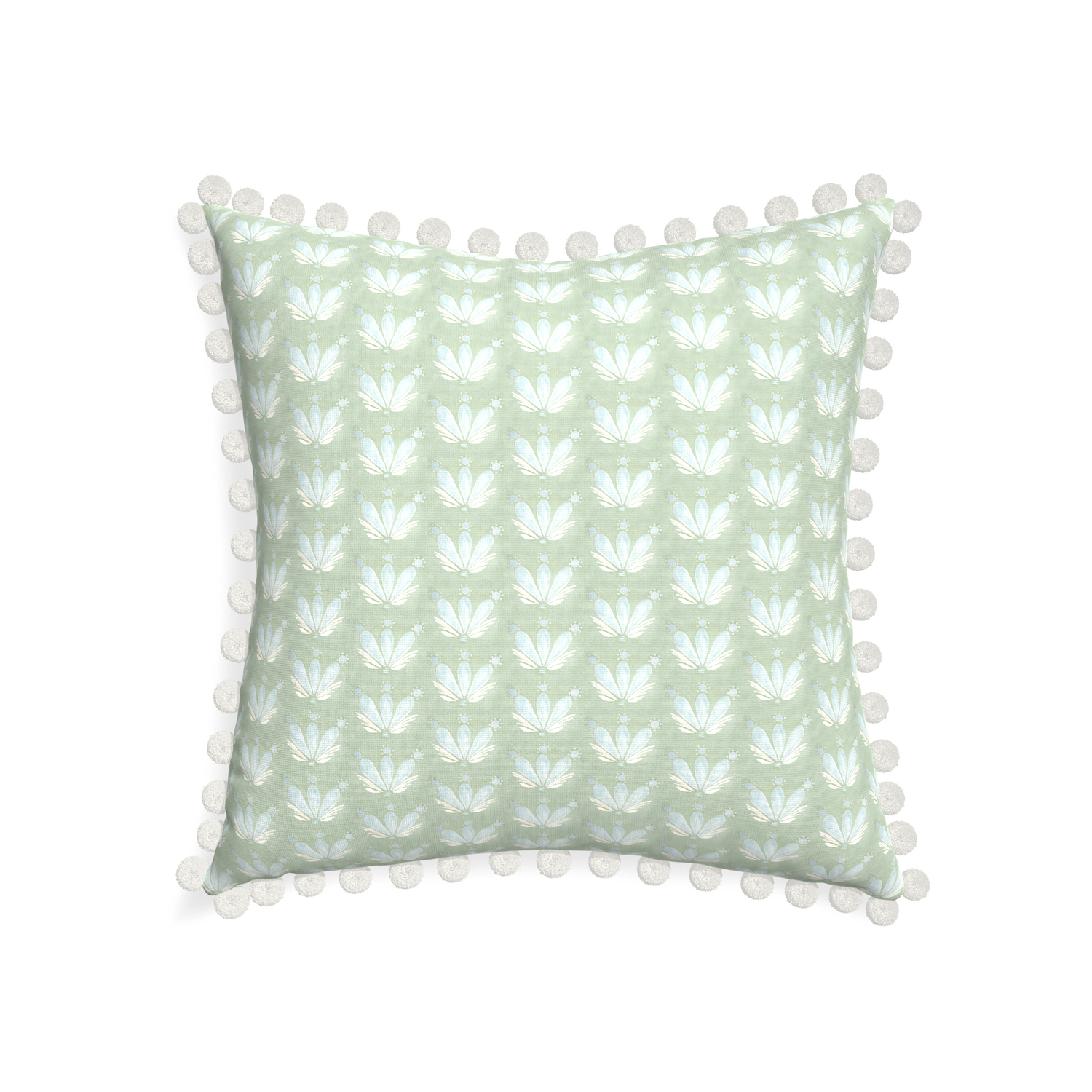 22-square serena sea salt custom blue & green floral drop repeatpillow with snow pom pom on white background