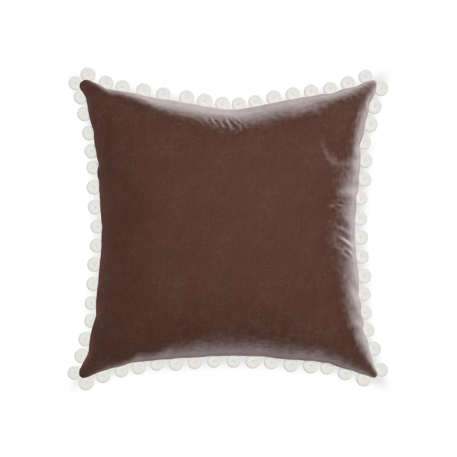 square brown velvet pillow with white pom poms