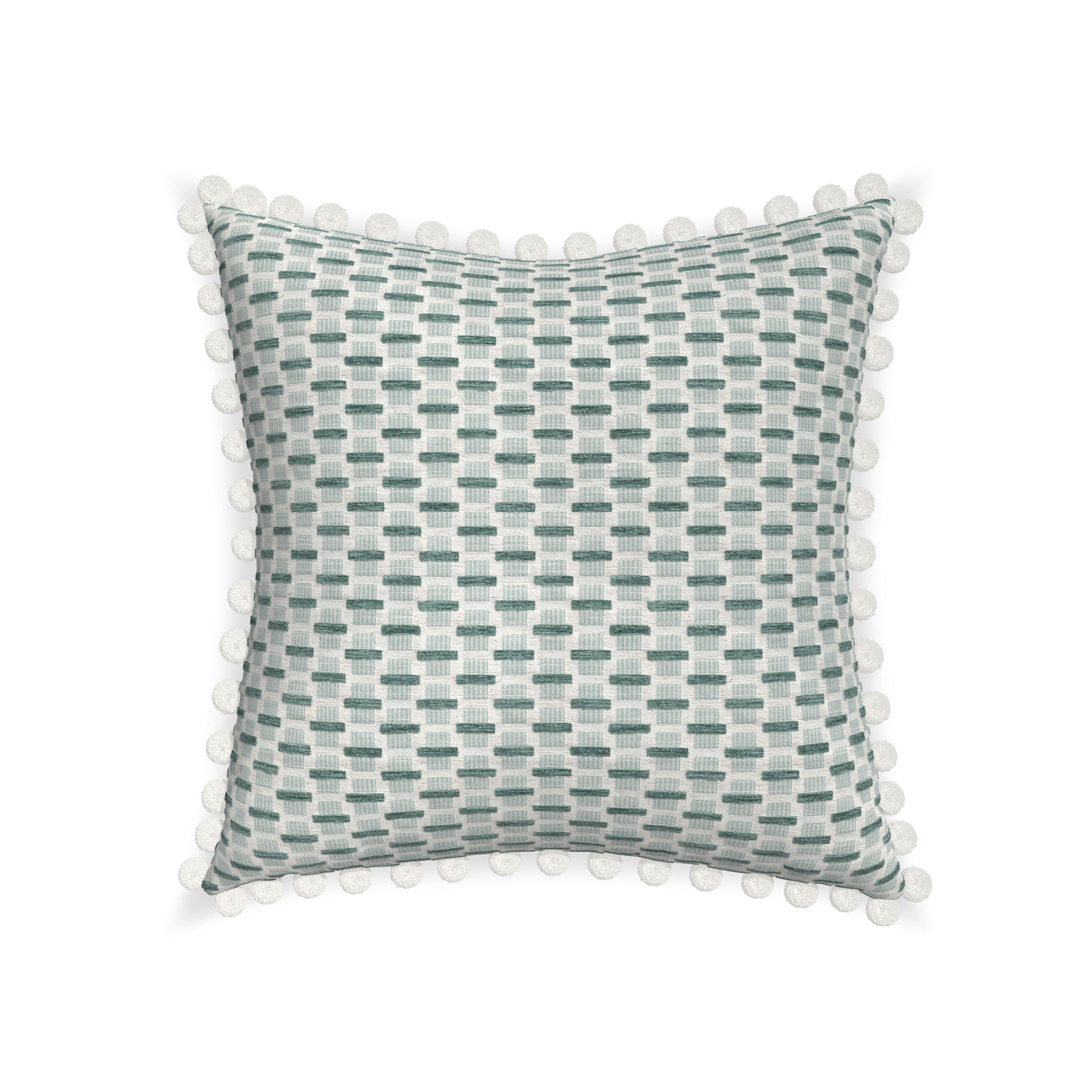 22-square willow mint custom green geometric chenillepillow with snow pom pom on white background