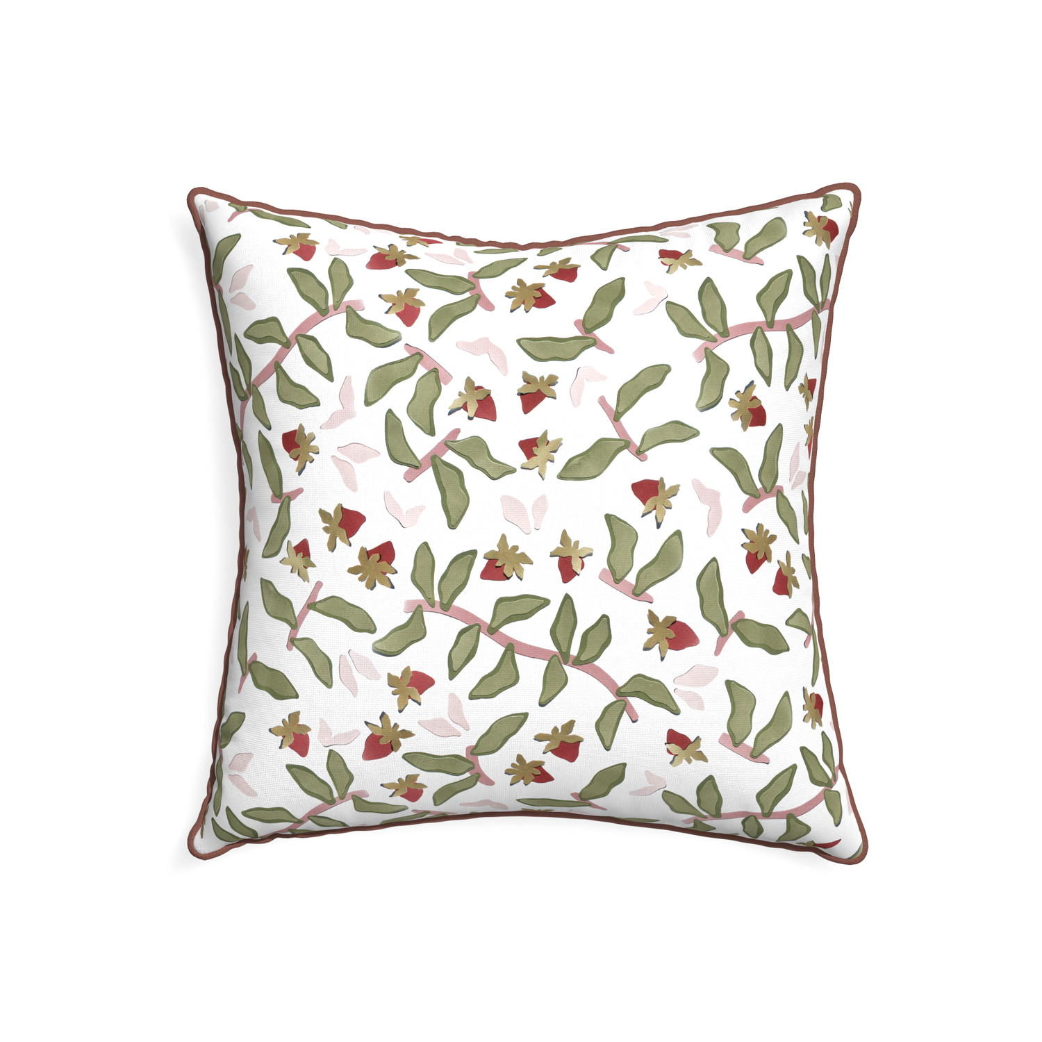 22-square nellie custom strawberry & botanicalpillow with w piping on white background